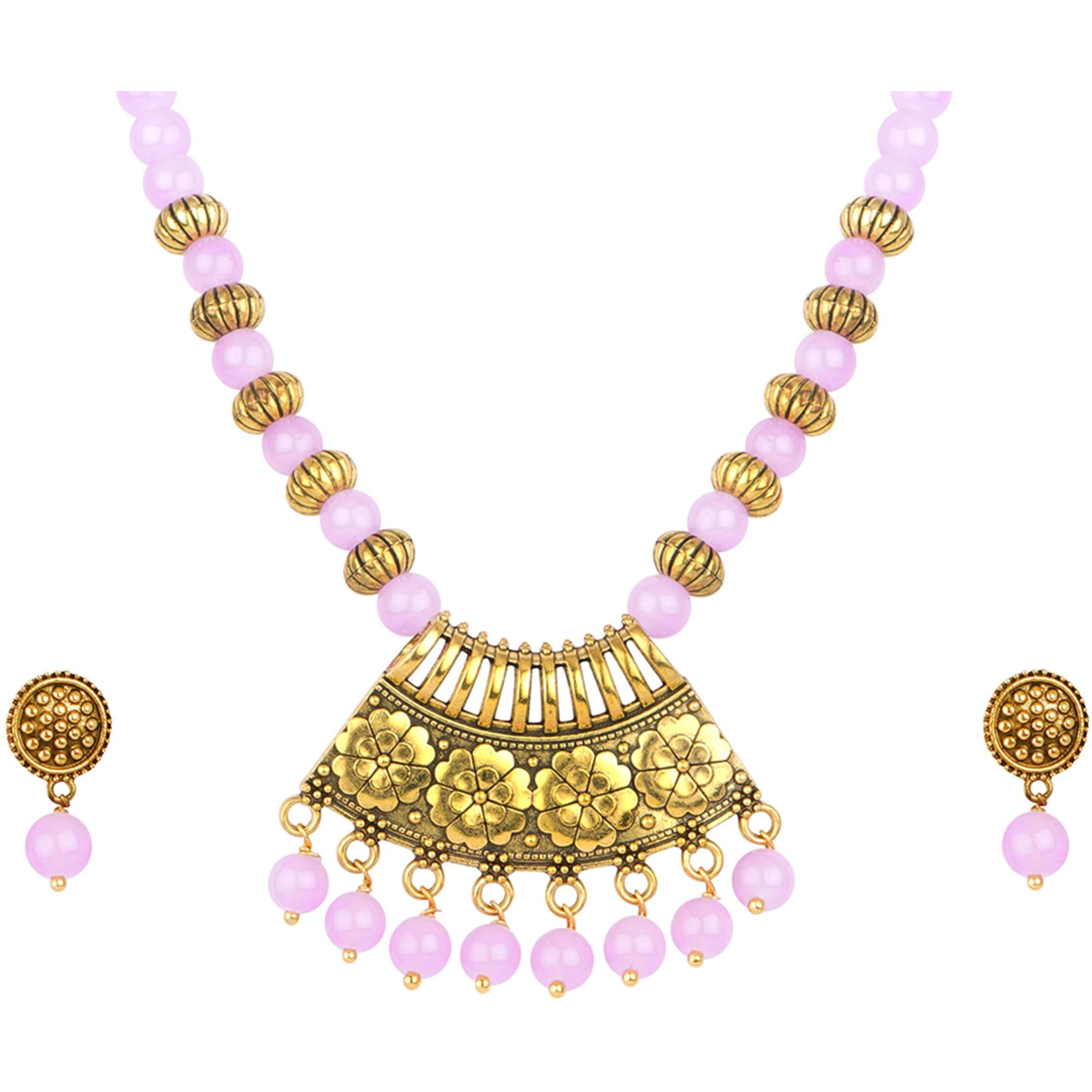 JFL - Jewellery for Less Contemporary Oxidised German Gold Plated Pendant Beaded Tribal Necklace Set for Women and Girls(Light Purple),Valentine