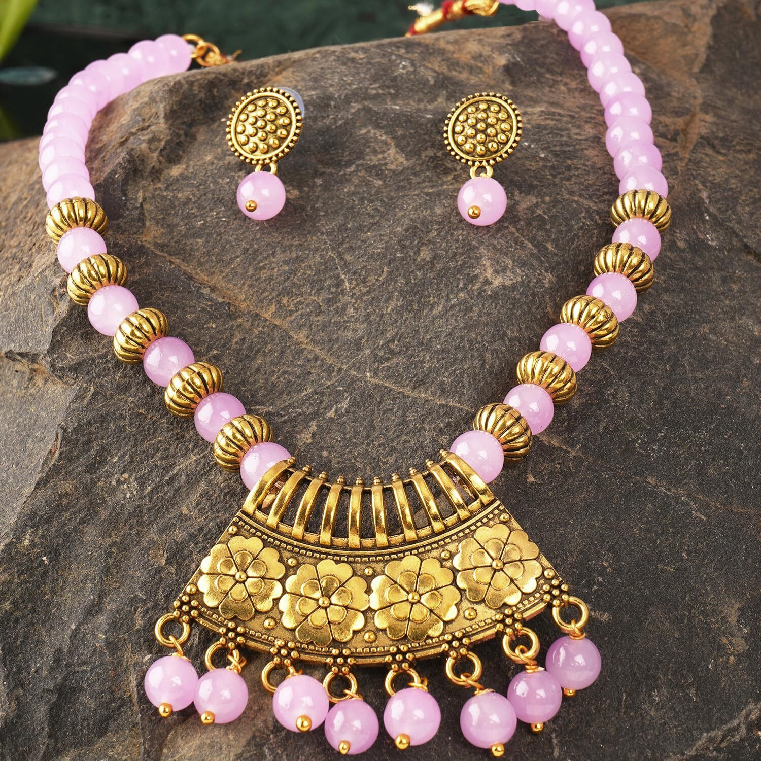 JFL - Jewellery for Less Contemporary Oxidised German Gold Plated Pendant Beaded Tribal Necklace Set for Women and Girls(Light Purple),Valentine