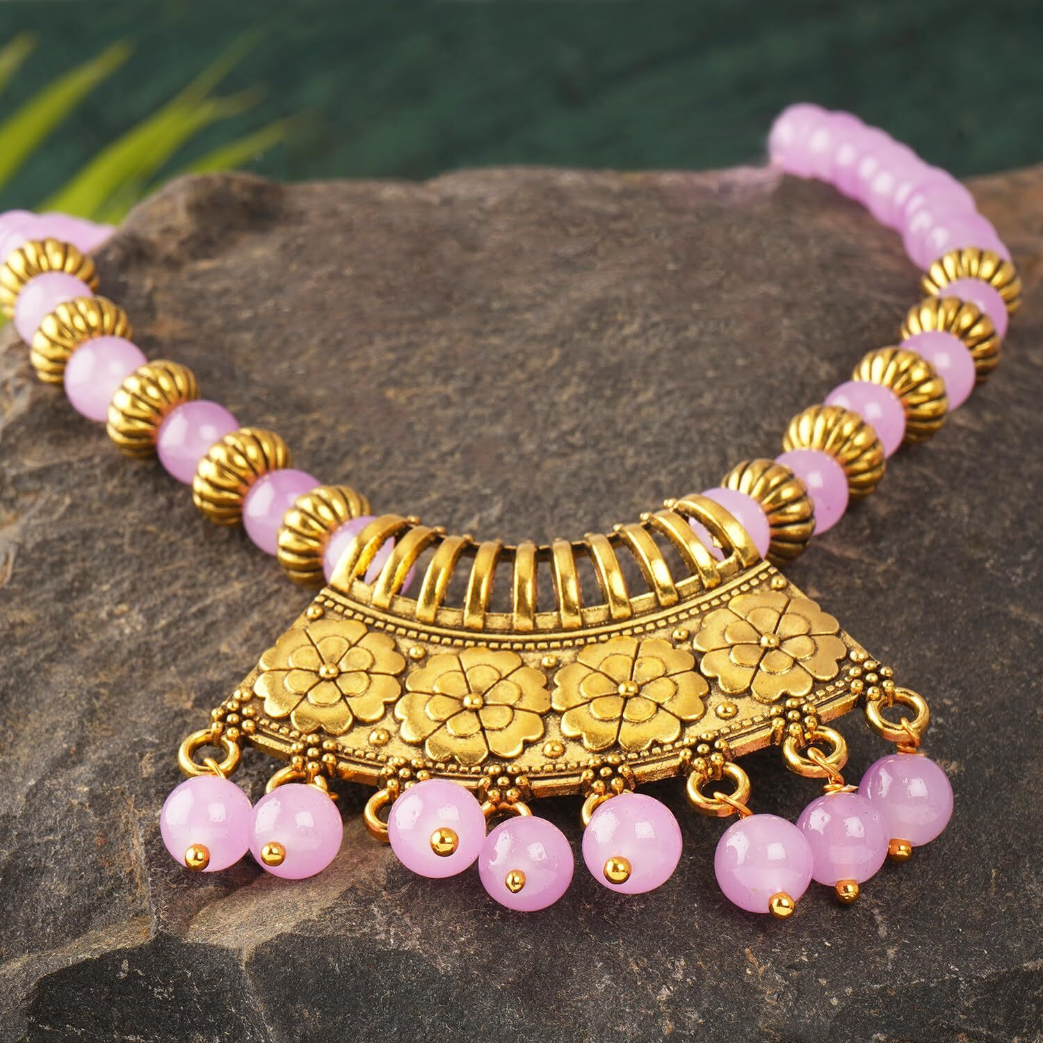 JFL - Jewellery for Less Contemporary Oxidised German Gold Plated Pendant Beaded Tribal Necklace Set for Women and Girls(Light Purple),Valentine