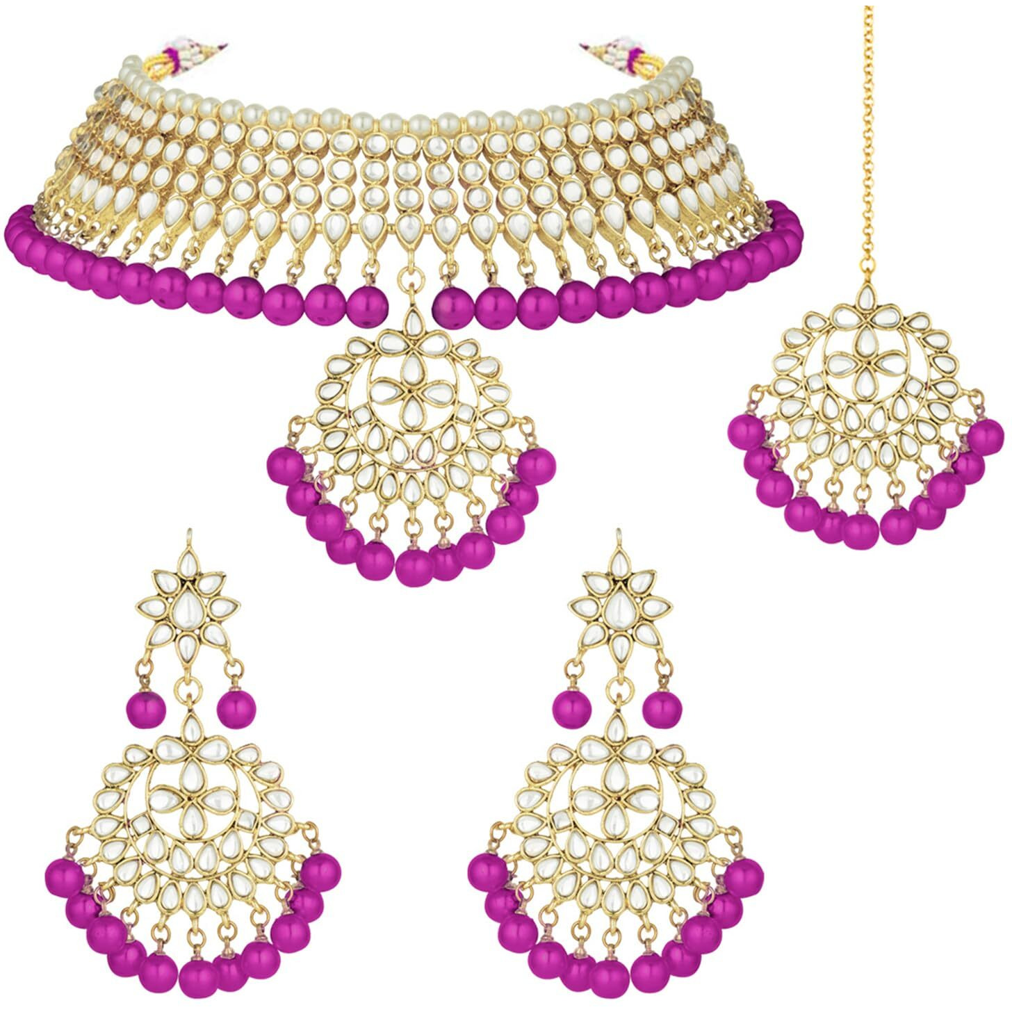 Peora Gold Plated Pearl Kundan Choker Necklace Earring Maang Tikka Traditional Jewellery Set for Women (Rani Pink)
