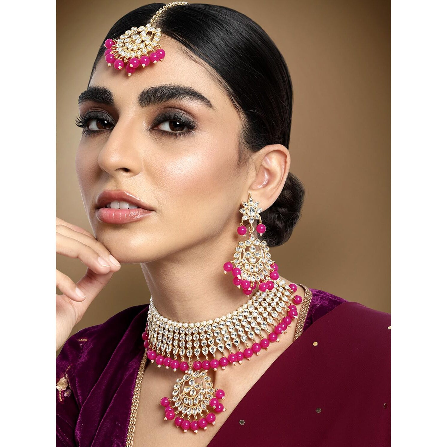 Peora Gold Plated Pearl Kundan Choker Necklace Earring Maang Tikka Traditional Jewellery Set for Women (Rani Pink)
