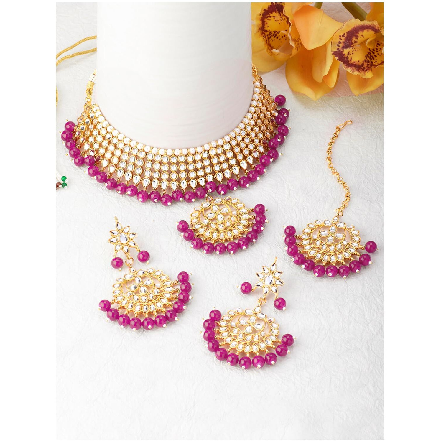 Peora Gold Plated Pearl Kundan Choker Necklace Earring Maang Tikka Traditional Jewellery Set for Women (Rani Pink)