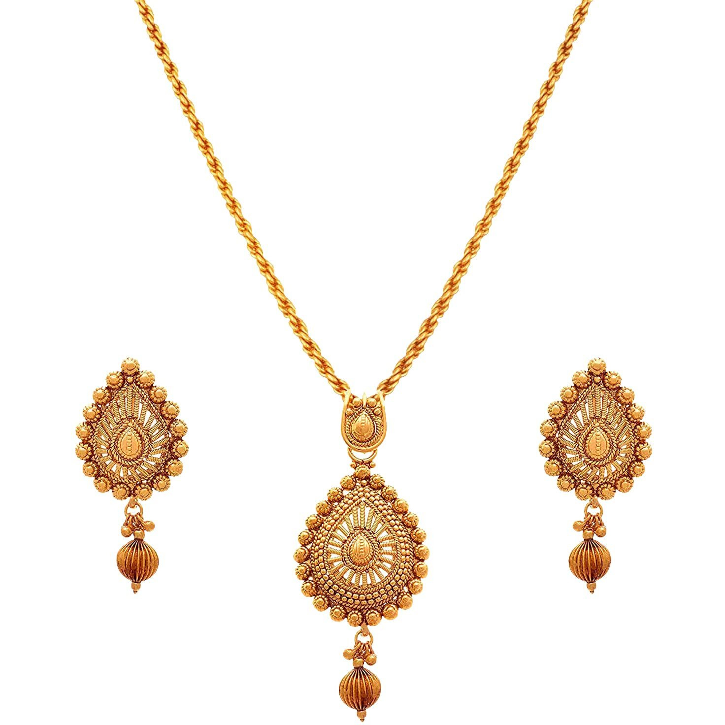 JFL - Jewellery for Less Traditional Ethnic 1 gram Gold Plated Drop Shape Pendant Set with Stud Earrings and Bead Chain for Women and Girls.,Valentine