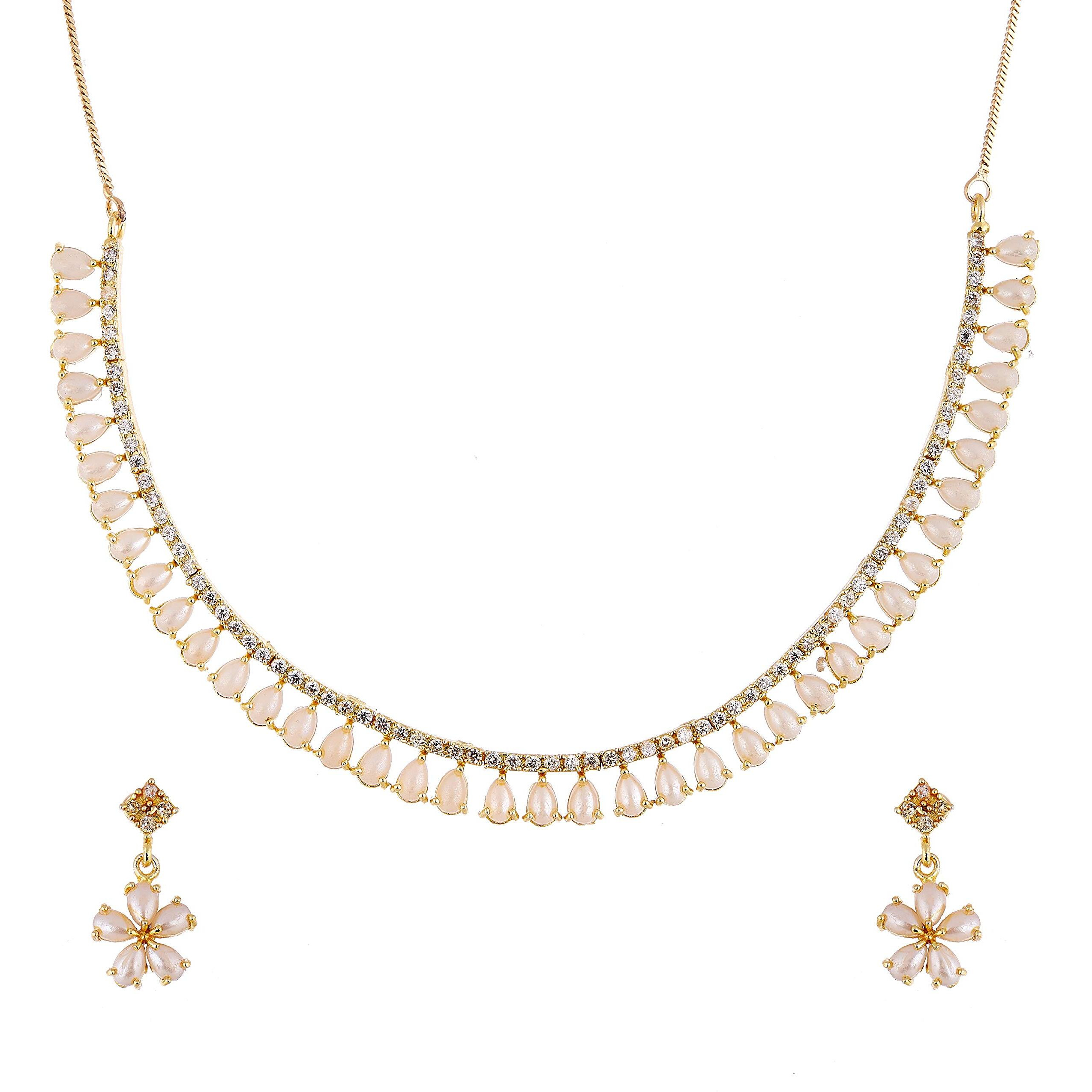 ZENEME Jewellery Set Gold Plated American Diamond Necklace With Earrings for Women & Girls (Pearl)