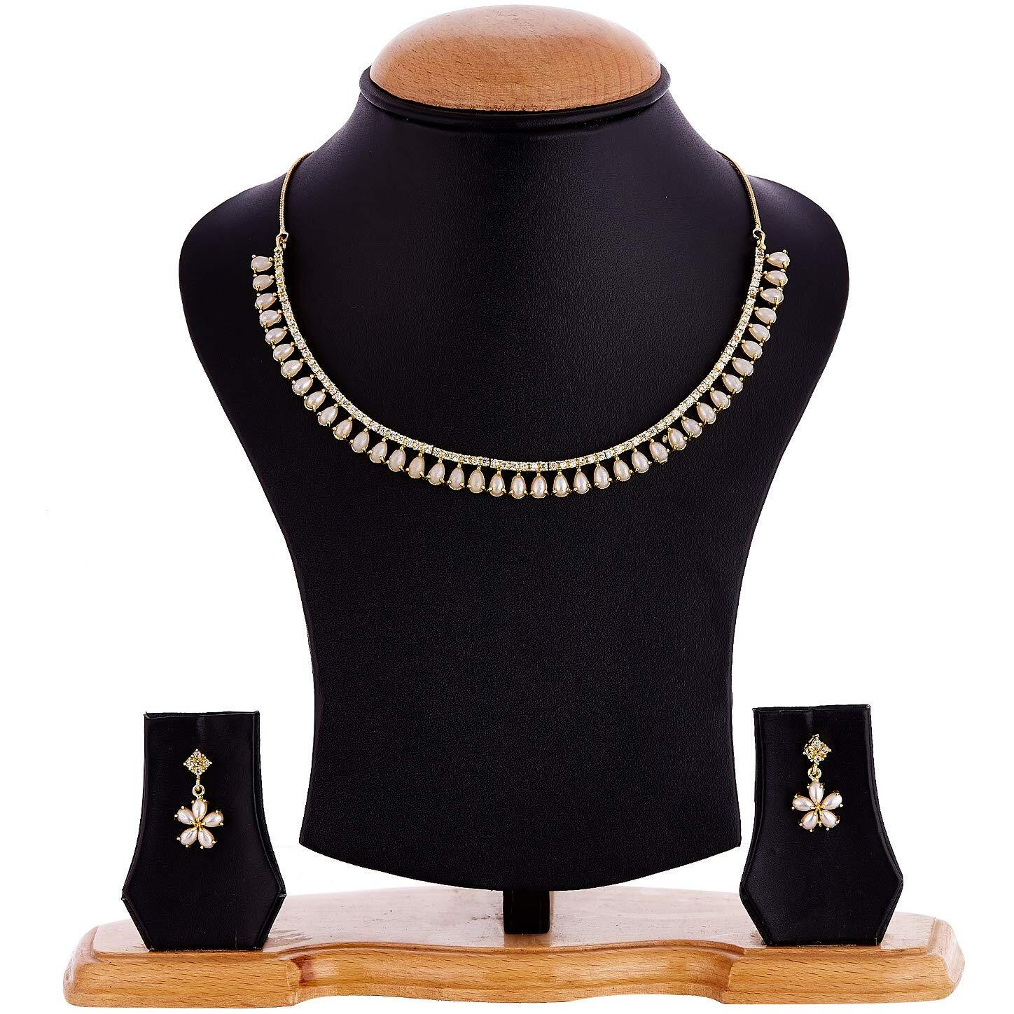 ZENEME Jewellery Set Gold Plated American Diamond Necklace With Earrings for Women & Girls (Pearl)