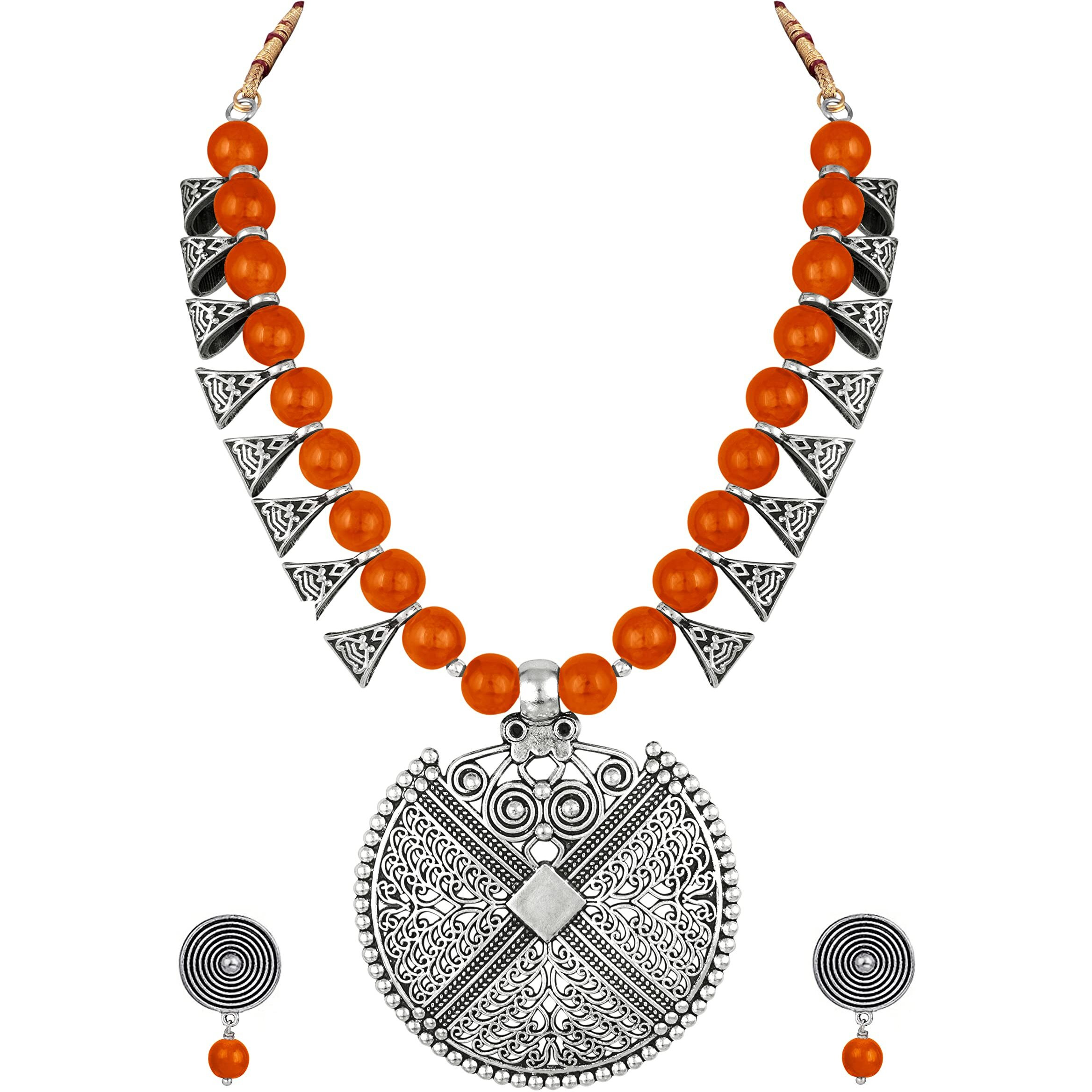 JFL - Jewellery for Less Womens Contemporary Fashion German Silver Oxidized and Beaded Choker Necklace Set with Adjustable Thread (Orange),Valentine