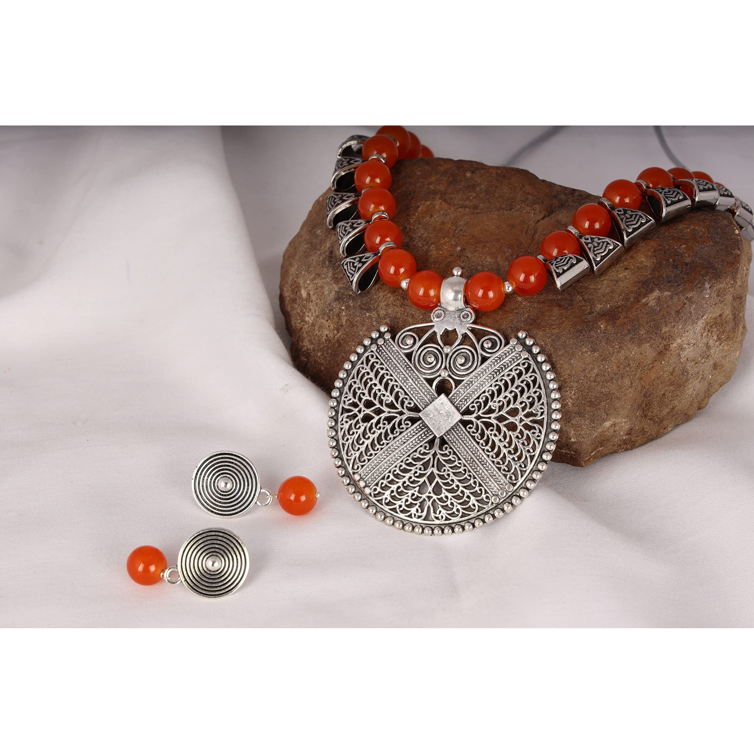JFL - Jewellery for Less Womens Contemporary Fashion German Silver Oxidized and Beaded Choker Necklace Set with Adjustable Thread (Orange),Valentine