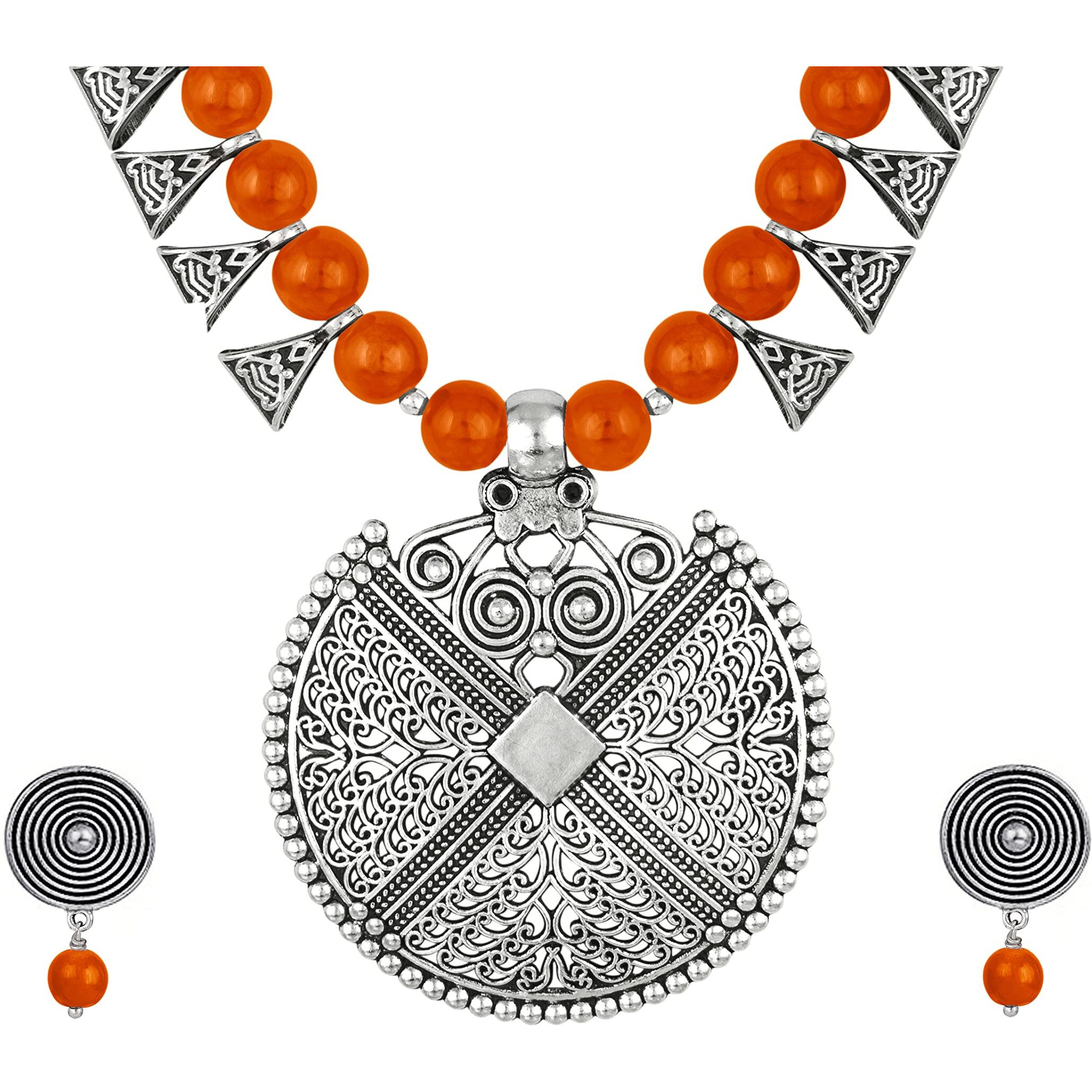 JFL - Jewellery for Less Womens Contemporary Fashion German Silver Oxidized and Beaded Choker Necklace Set with Adjustable Thread (Orange),Valentine