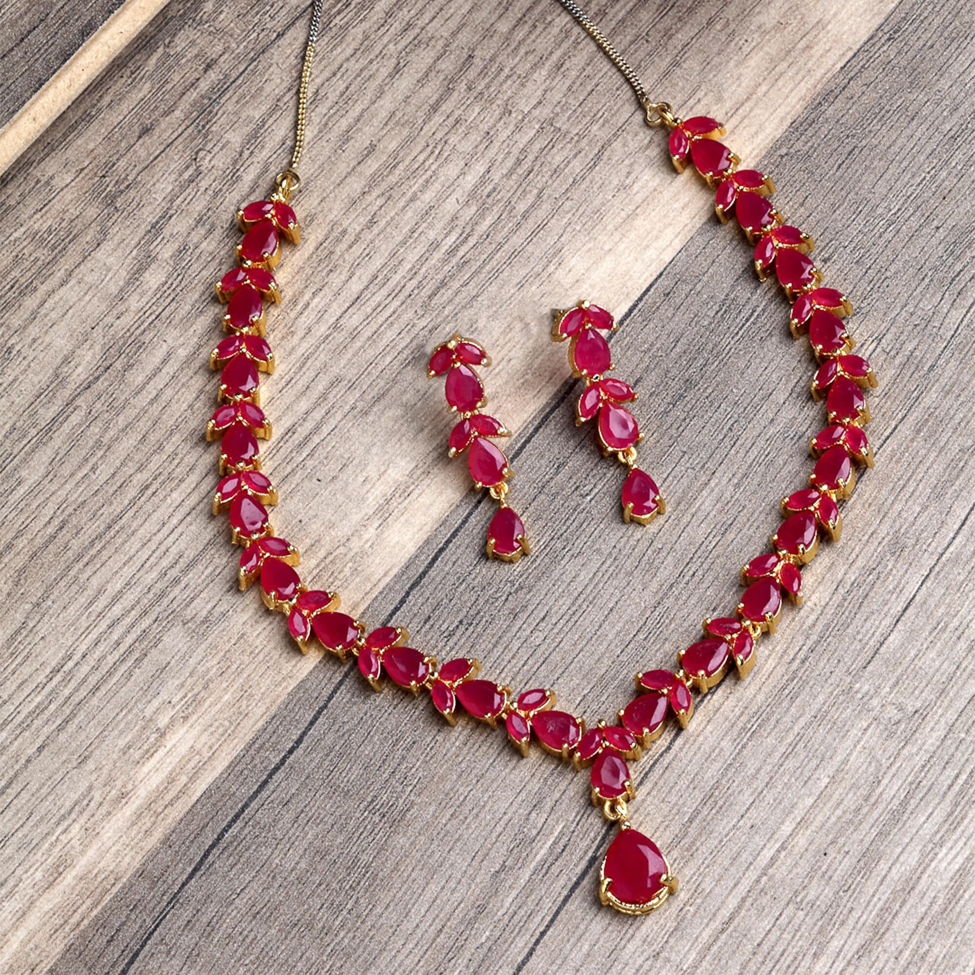 ZENEME Jewellery Set Gold Plated American Diamond Necklace Set with Earrings Jewellery for Women & Girls (Ruby)