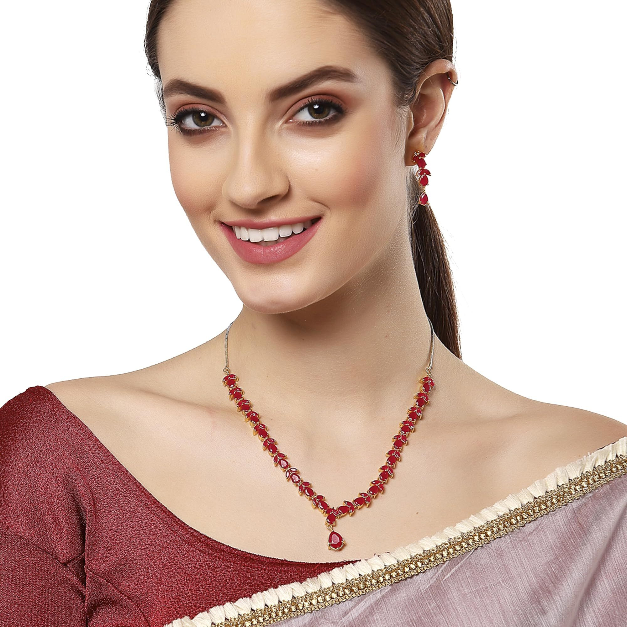 ZENEME Jewellery Set Gold Plated American Diamond Necklace Set with Earrings Jewellery for Women & Girls (Ruby)