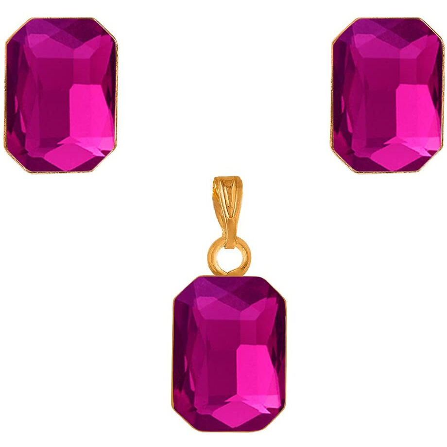 JFL - Jewellery for Less One Gram Gold Plated Octagon Shape Crystal Pendant Combo with Fancy Earring for Women & Girls. (Pink),Valentine