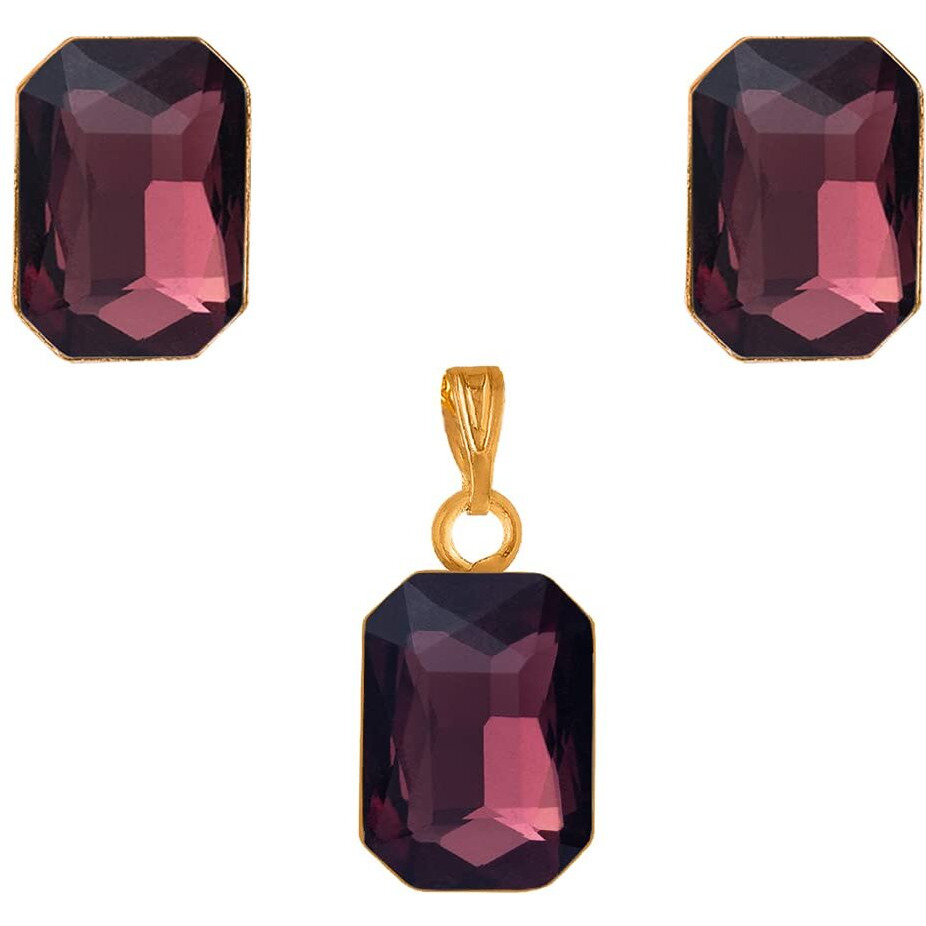 JFL - Jewellery for Less One Gram Gold Plated Octagon Shape Crystal Pendant Combo with Fancy Earring for Women & Girls. (Wine),Valentine