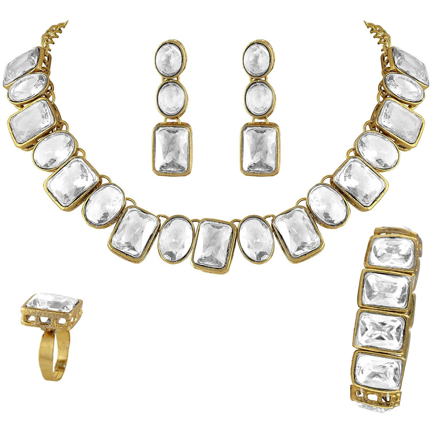 Peora Gold Plated Square White Crystal Necklace with Drop Earrings Bracelet Finger Ring Indian Traditional Ethnic Jewellery Set for Women Girls