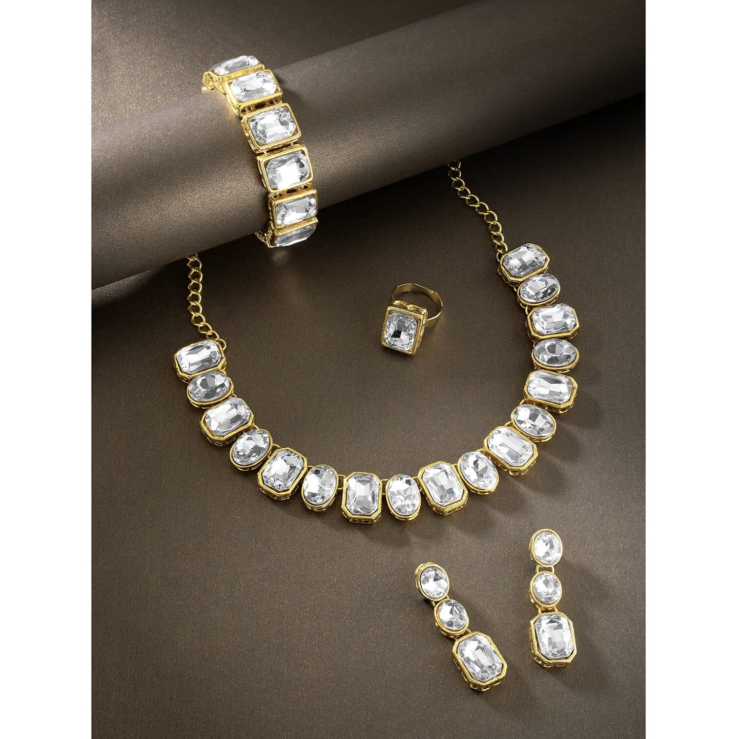 Peora Gold Plated Square White Crystal Necklace with Drop Earrings Bracelet Finger Ring Indian Traditional Ethnic Jewellery Set for Women Girls