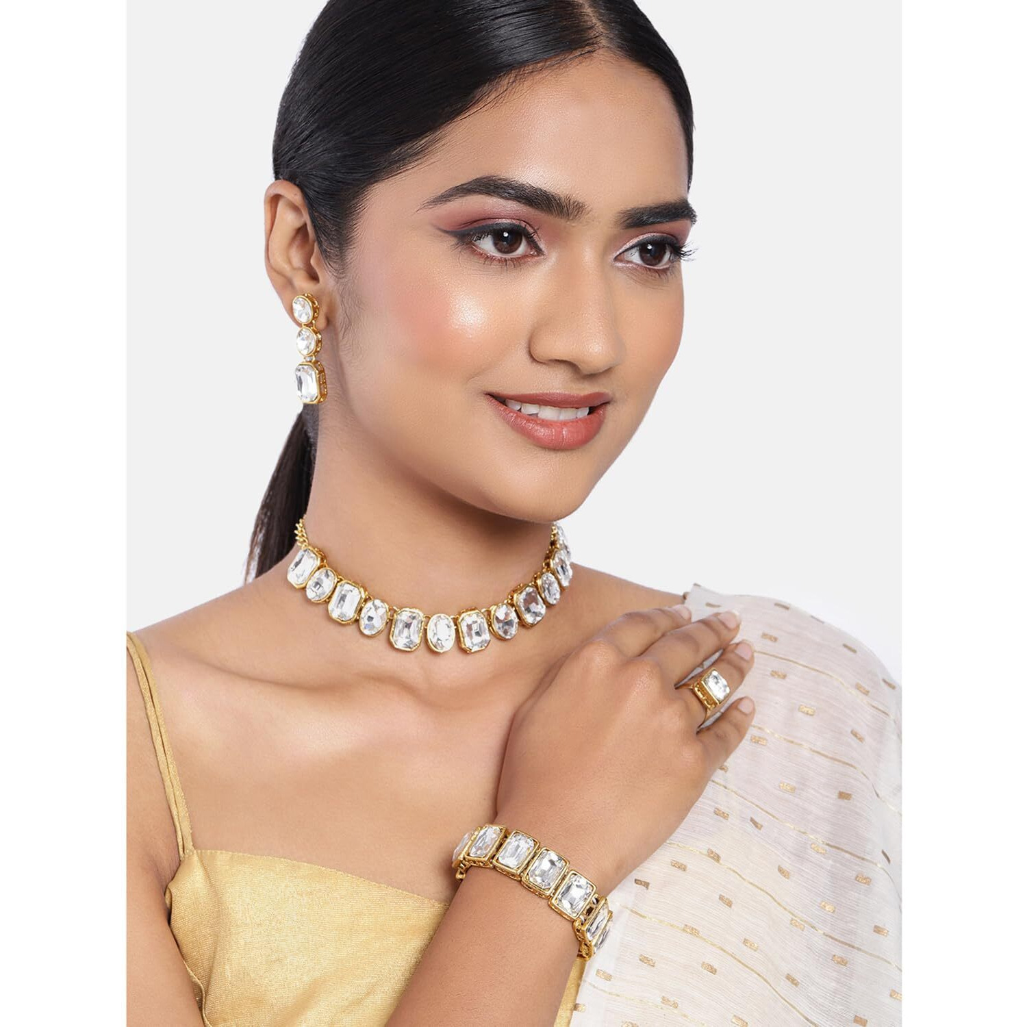 Peora Gold Plated Square White Crystal Necklace with Drop Earrings Bracelet Finger Ring Indian Traditional Ethnic Jewellery Set for Women Girls