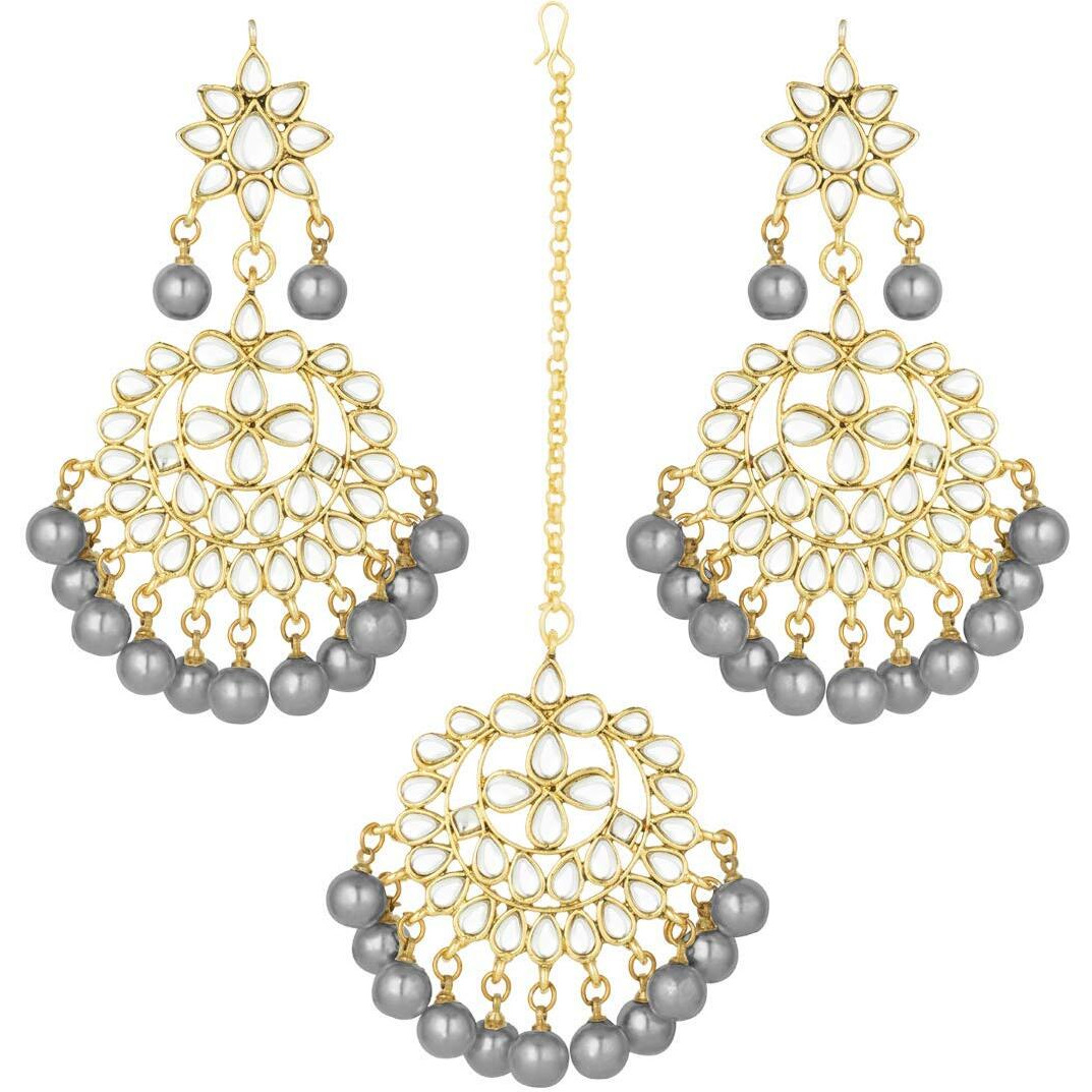 I Jewels Grey Gold Plated Pearl and Kundan Traditional Maang Tikka with Earrings Set for Women