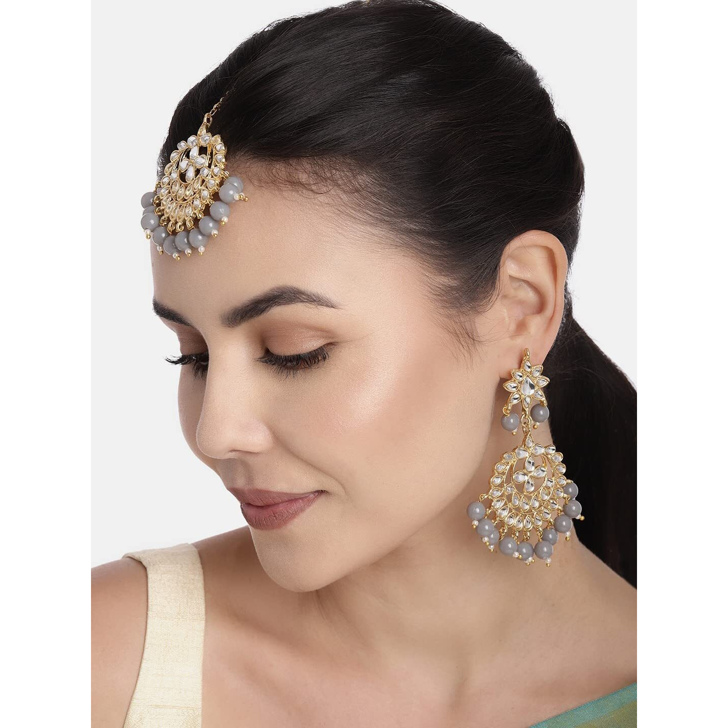 I Jewels Grey Gold Plated Pearl and Kundan Traditional Maang Tikka with Earrings Set for Women