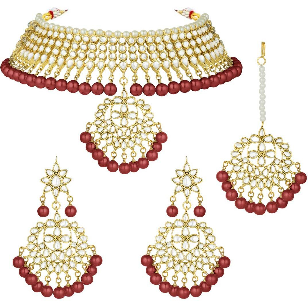 Peora Gold-plated Brass and Kundan, Pearl Necklace Earring Set With Maang Tikka for Women & Girls (Maroon)