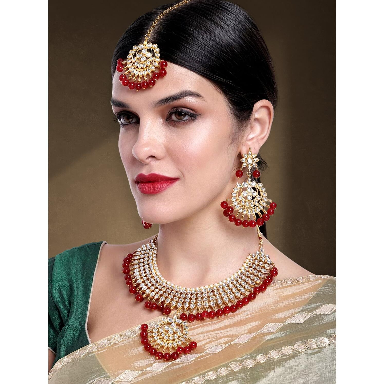 Peora Gold-plated Brass and Kundan, Pearl Necklace Earring Set With Maang Tikka for Women & Girls (Maroon)
