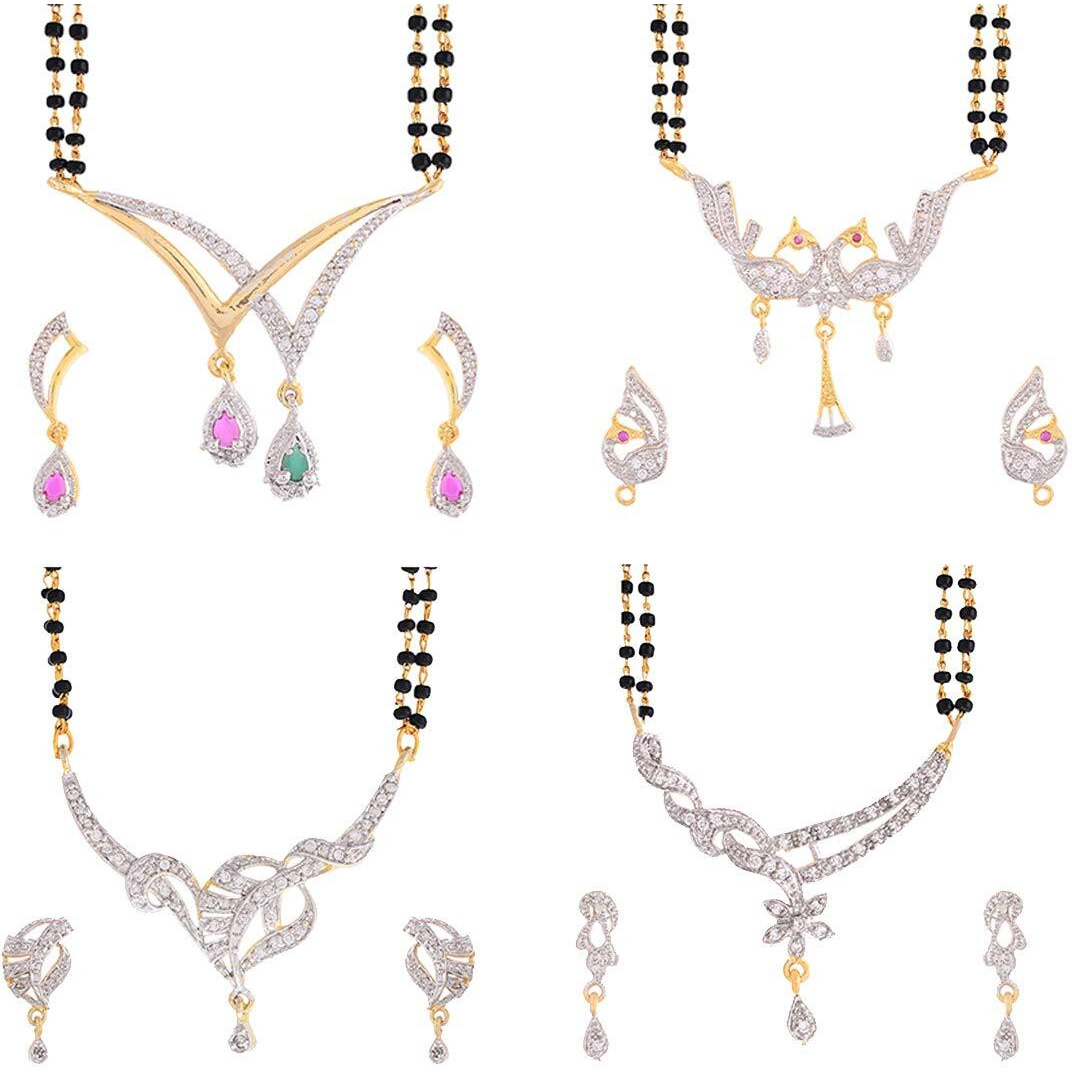 ZENEME White American Diamond Combo Of 4 Mangalsutra With Earrings Set For Women (Design-17)