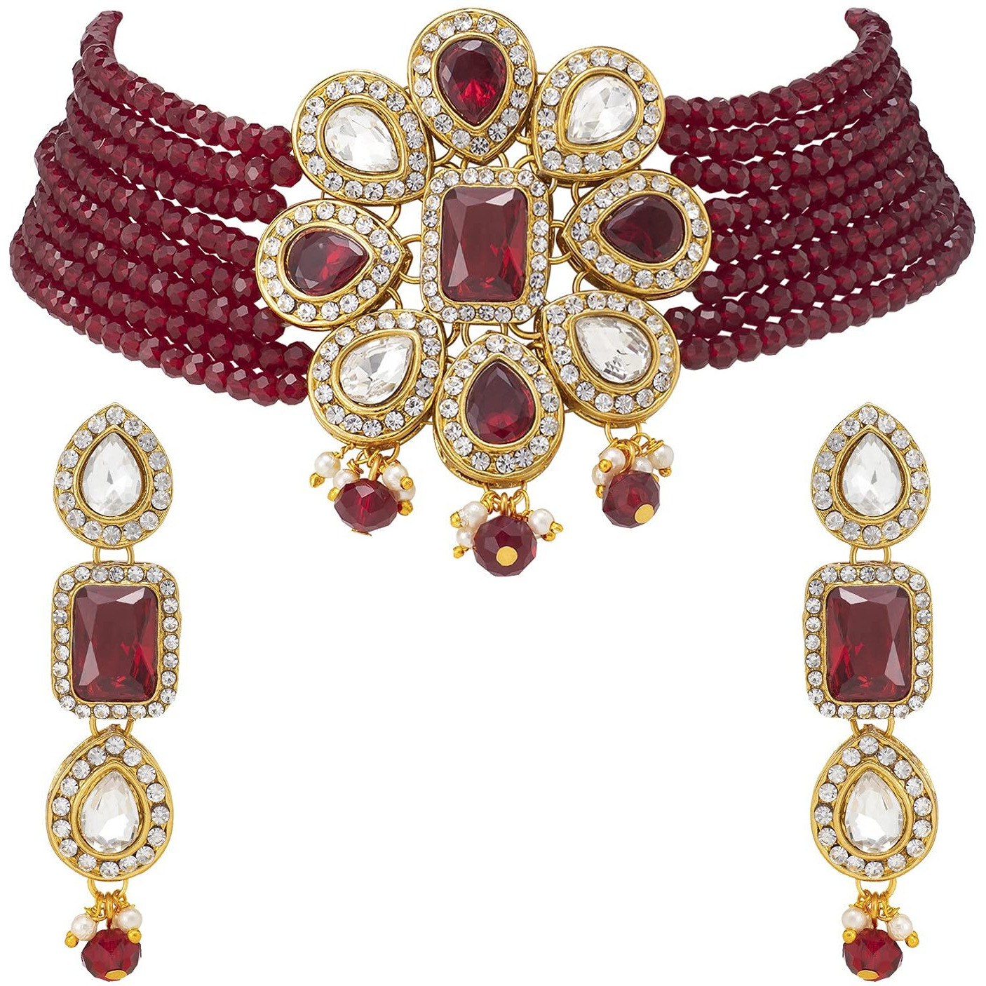 Peora Crystal Maroon Beaded Adjustable Choker Collar Necklace Earring Jewellery Set for Women