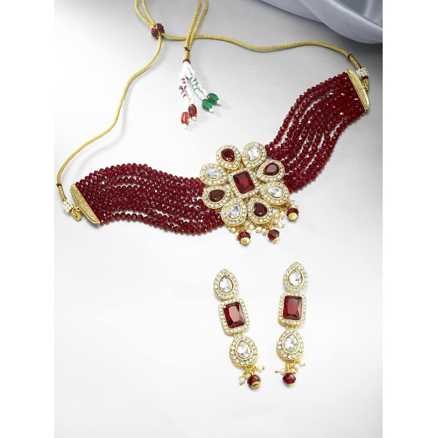 Peora Crystal Maroon Beaded Adjustable Choker Collar Necklace Earring Jewellery Set for Women