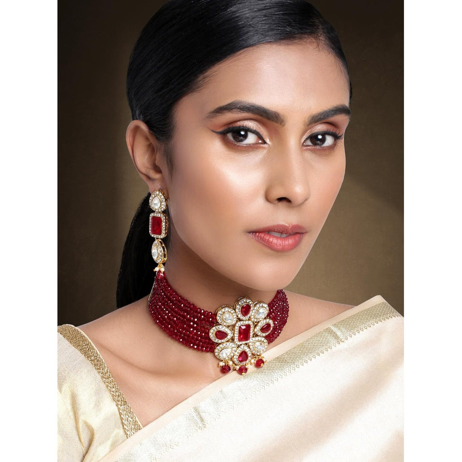Peora Crystal Maroon Beaded Adjustable Choker Collar Necklace Earring Jewellery Set for Women
