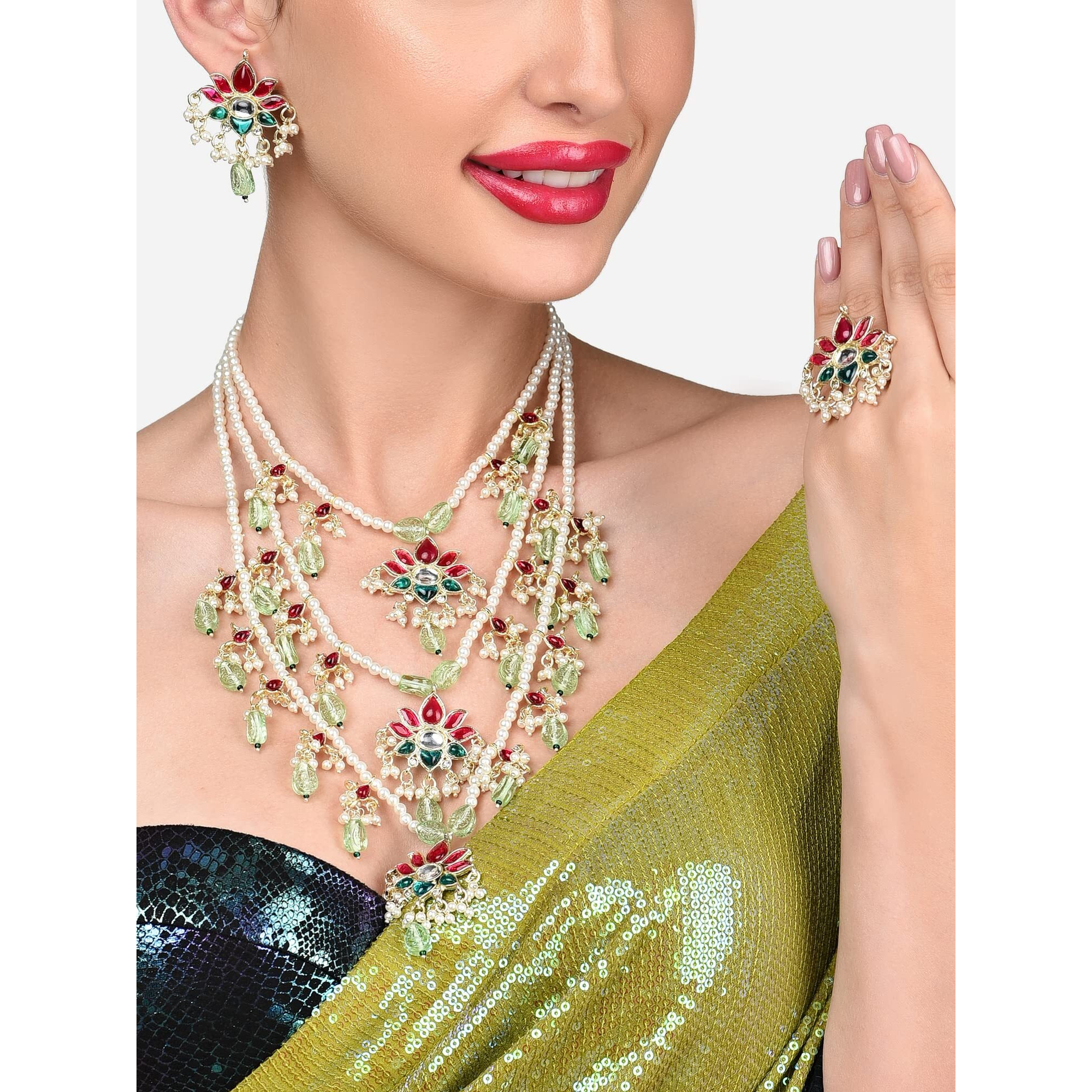 ZAVERI PEARLS Pink Green Multilayer Beaded Kundan Bridal Necklace Earring & Ring Set For Women-ZPFK15897