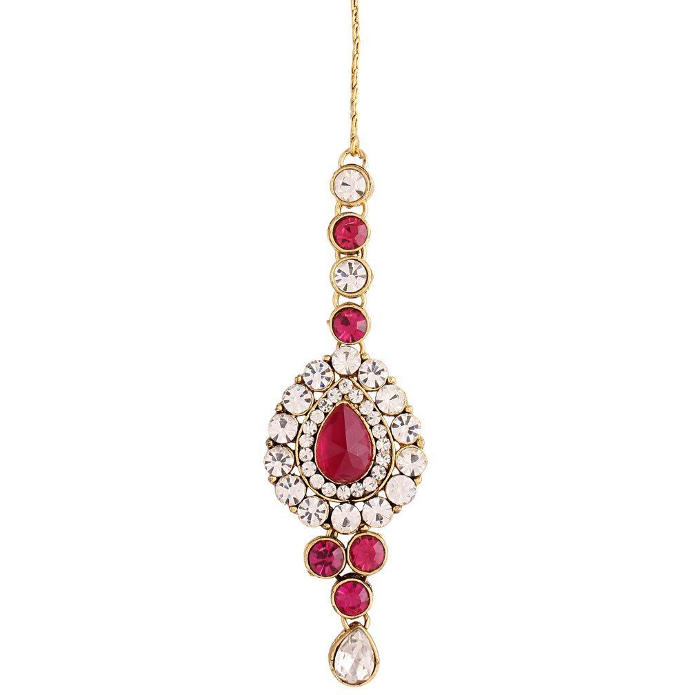 I Jewels Traditional Gold Plated Jewellery Set with Maang Tikka using Austrian Diamonds for Women IJ250Q (Rani/Dark Pink)