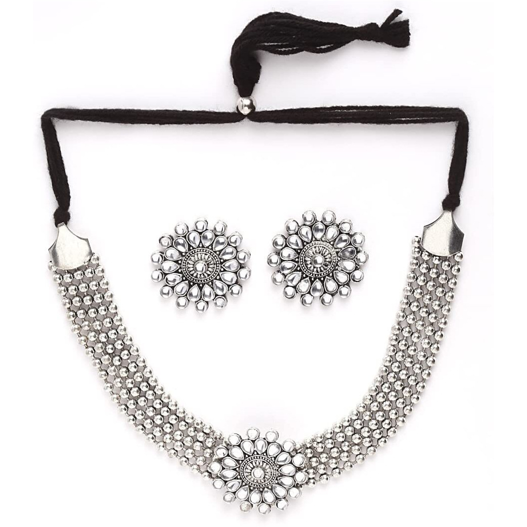 Shining Diva Fashion Latest Stylish Traditional Oxidised Silver Necklace Jewellery Set for Women (13106s)