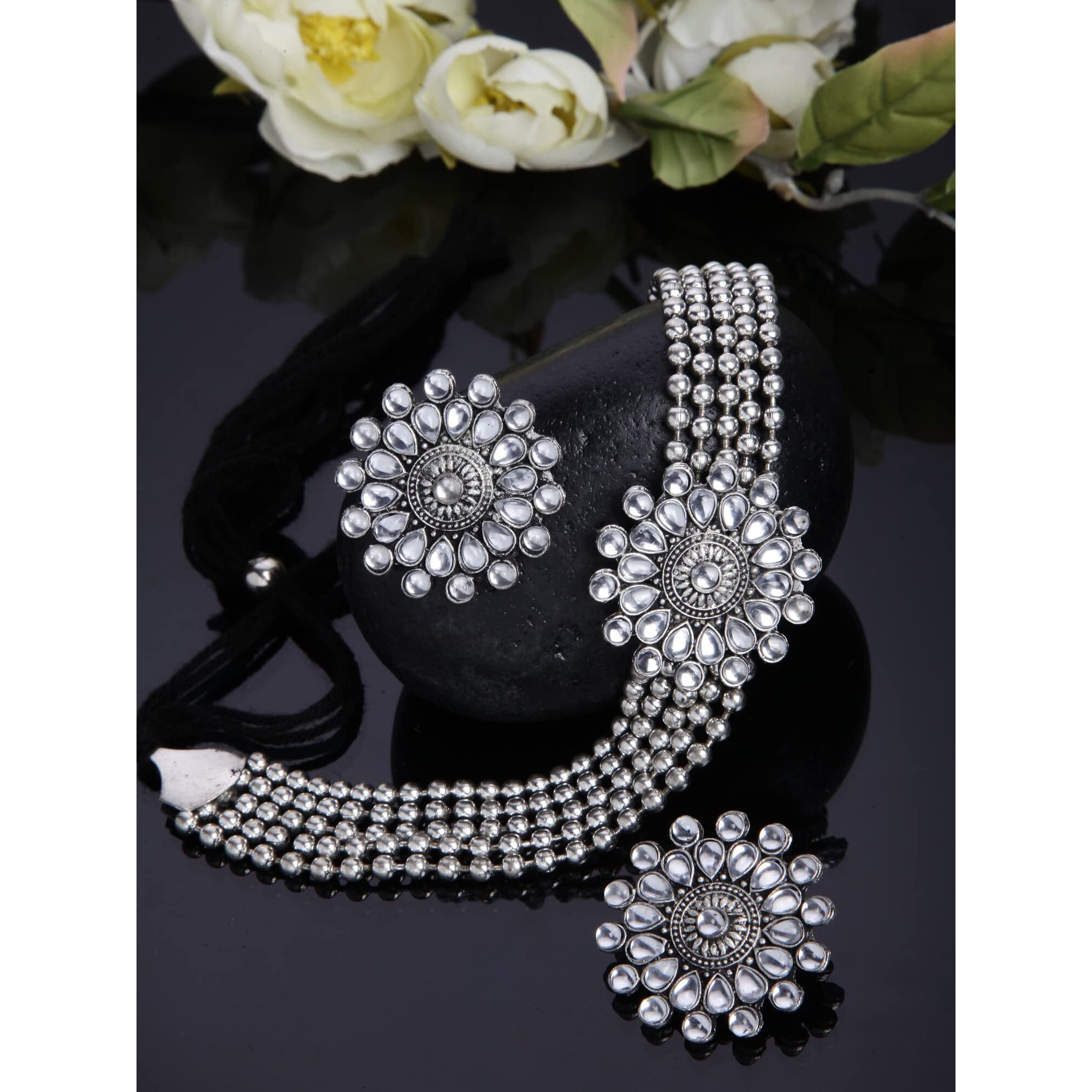 Shining Diva Fashion Latest Stylish Traditional Oxidised Silver Necklace Jewellery Set for Women (13106s)