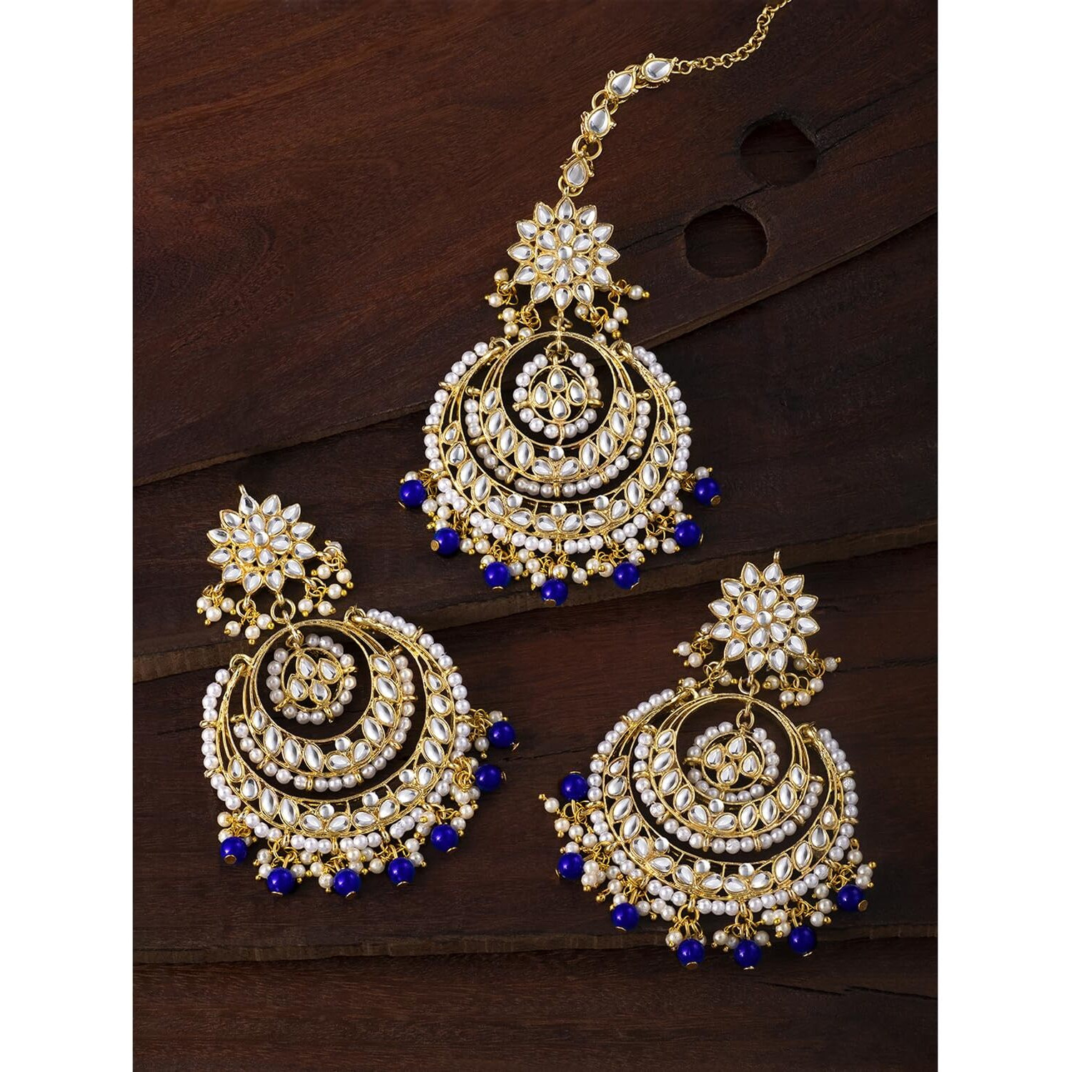 Peora Traditional Jewellery 18K Gold Plated Brass Kundan and Pearl Maang Tikka Earring Set for Women (Blue)