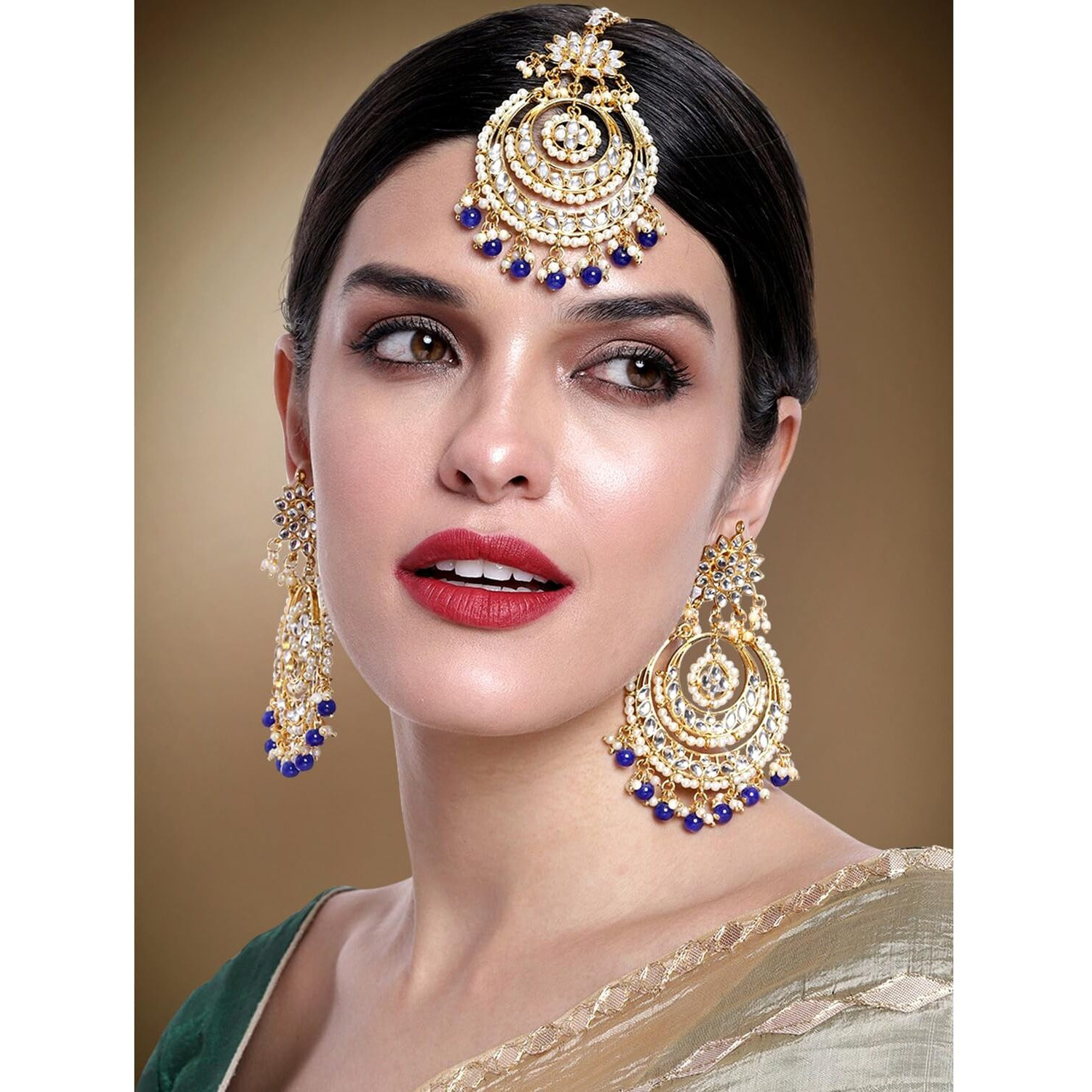 Peora Traditional Jewellery 18K Gold Plated Brass Kundan and Pearl Maang Tikka Earring Set for Women (Blue)