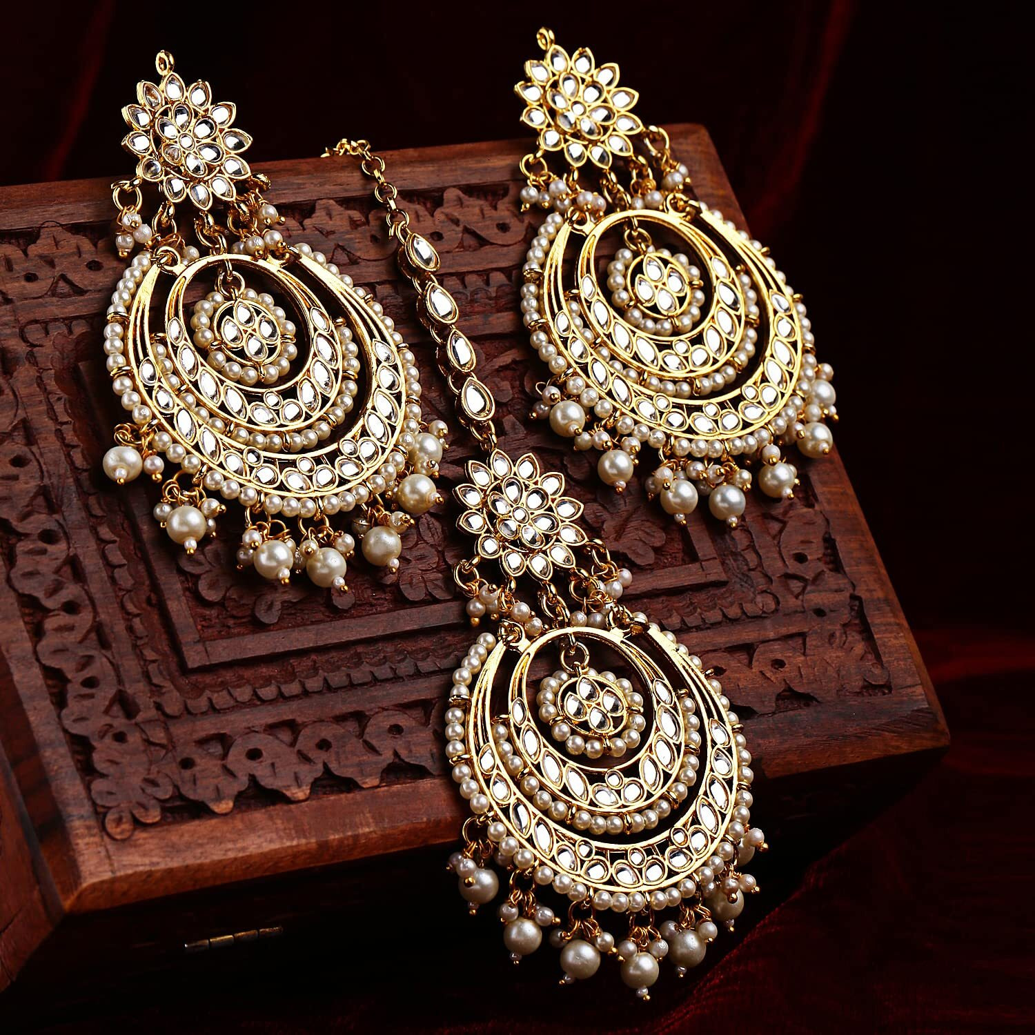 Shining Diva Fashion Latest Stylish Traditional Kundan Maang Tikka Earrings Jewellery Set for Women (White)(12412mter), one