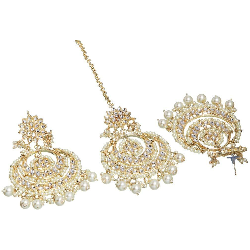 Shining Diva Fashion Latest Stylish Traditional Kundan Maang Tikka Earrings Jewellery Set for Women (White)(12412mter), one