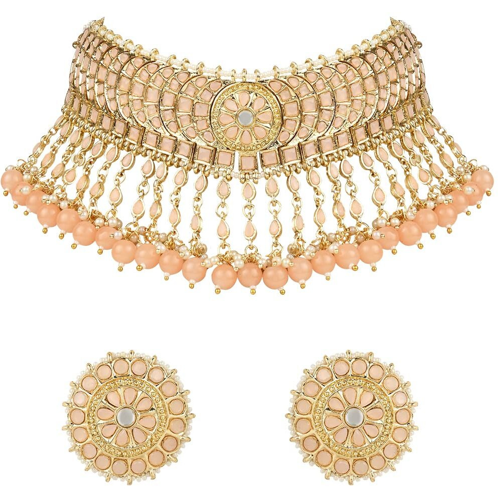 I Jewels 18K Gold Plated Traditional Kundan & Pearl Studded Choker Necklace Set For Women/Girls (K7210) (Full Peach)
