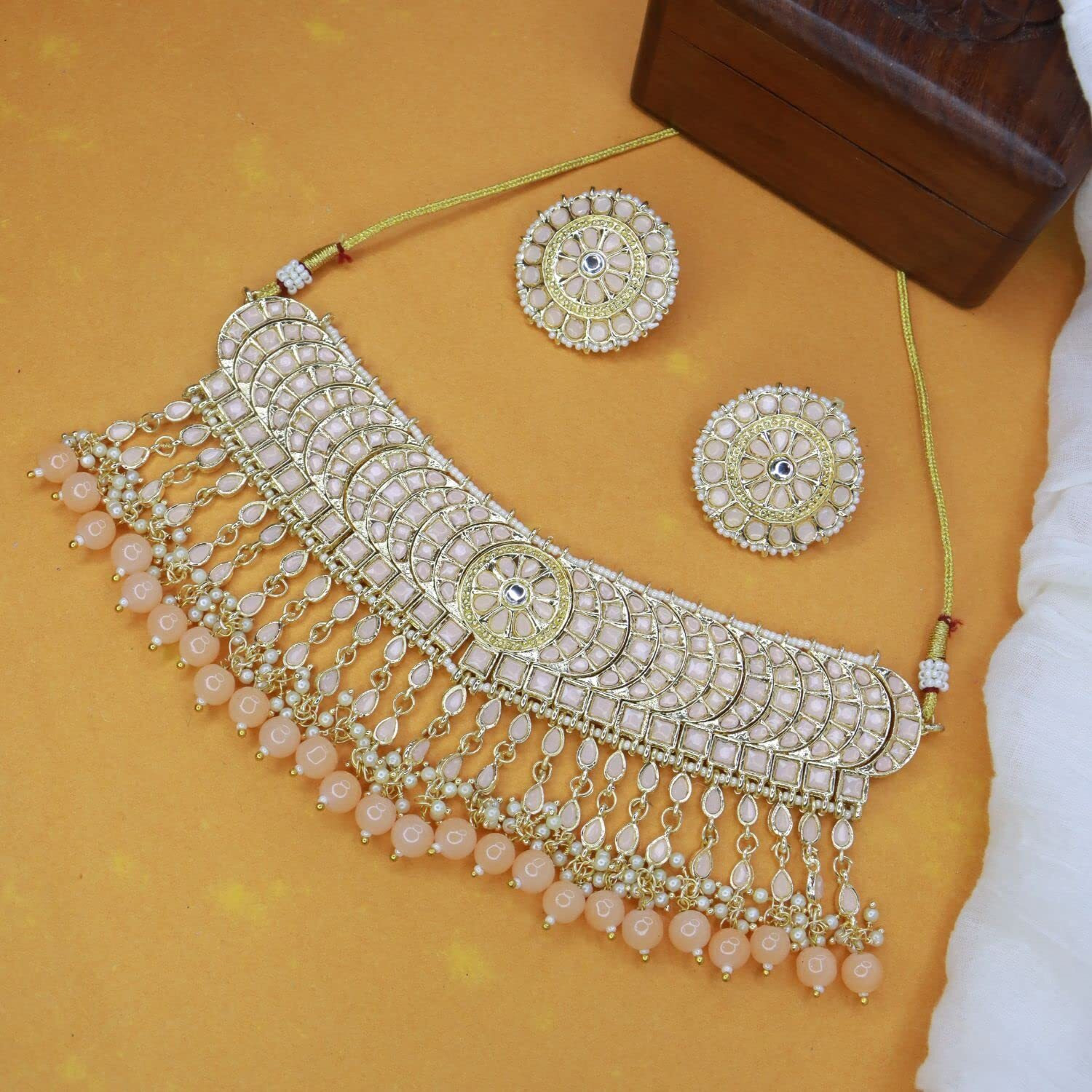 I Jewels 18K Gold Plated Traditional Kundan & Pearl Studded Choker Necklace Set For Women/Girls (K7210) (Full Peach)