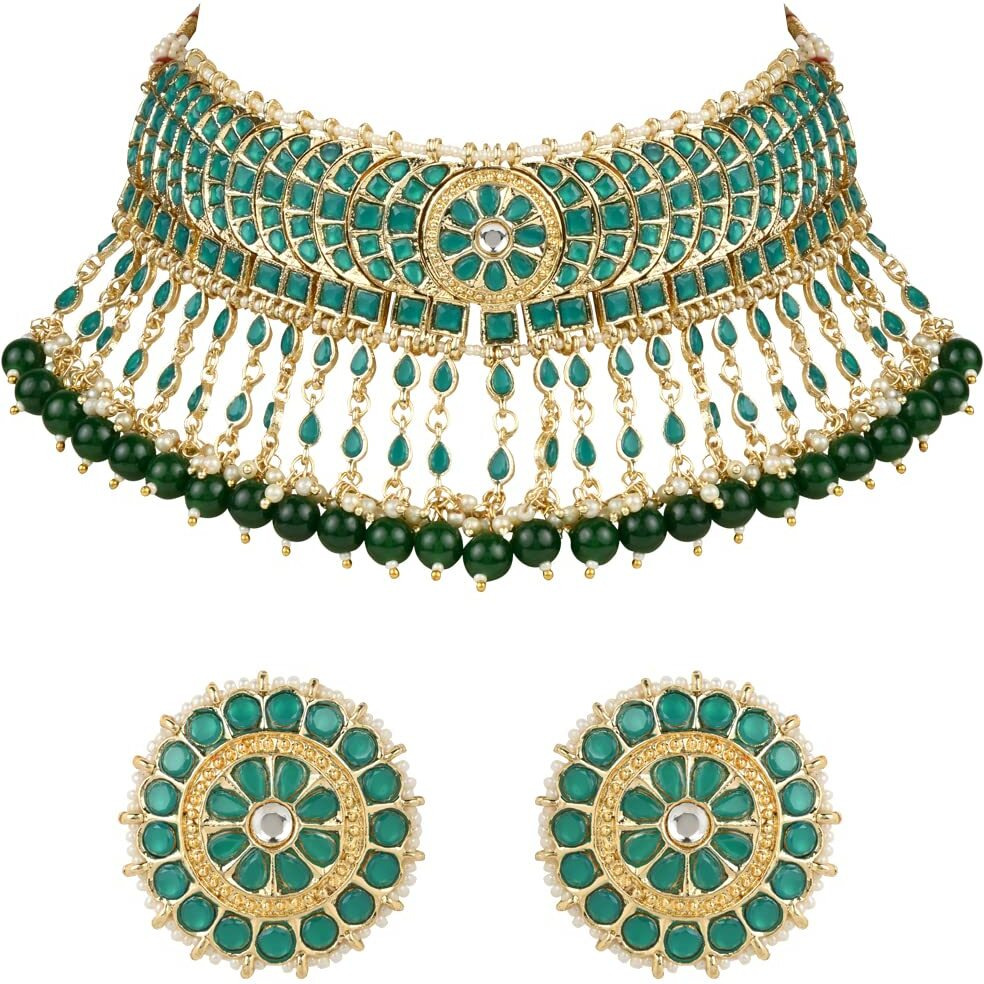 I Jewels 18K Gold Plated Traditional Kundan & Pearl Studded Choker Necklace Set For Women/Girls (K7210) (Full Green)