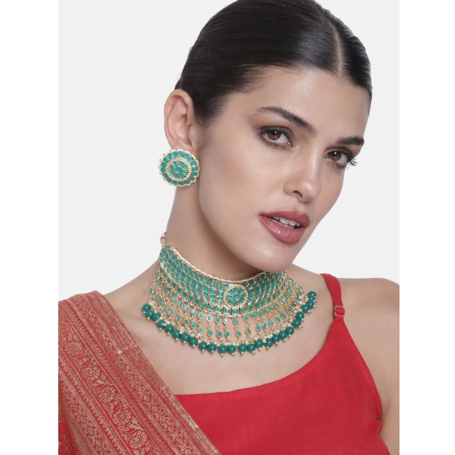 I Jewels 18K Gold Plated Traditional Kundan & Pearl Studded Choker Necklace Set For Women/Girls (K7210) (Full Green)