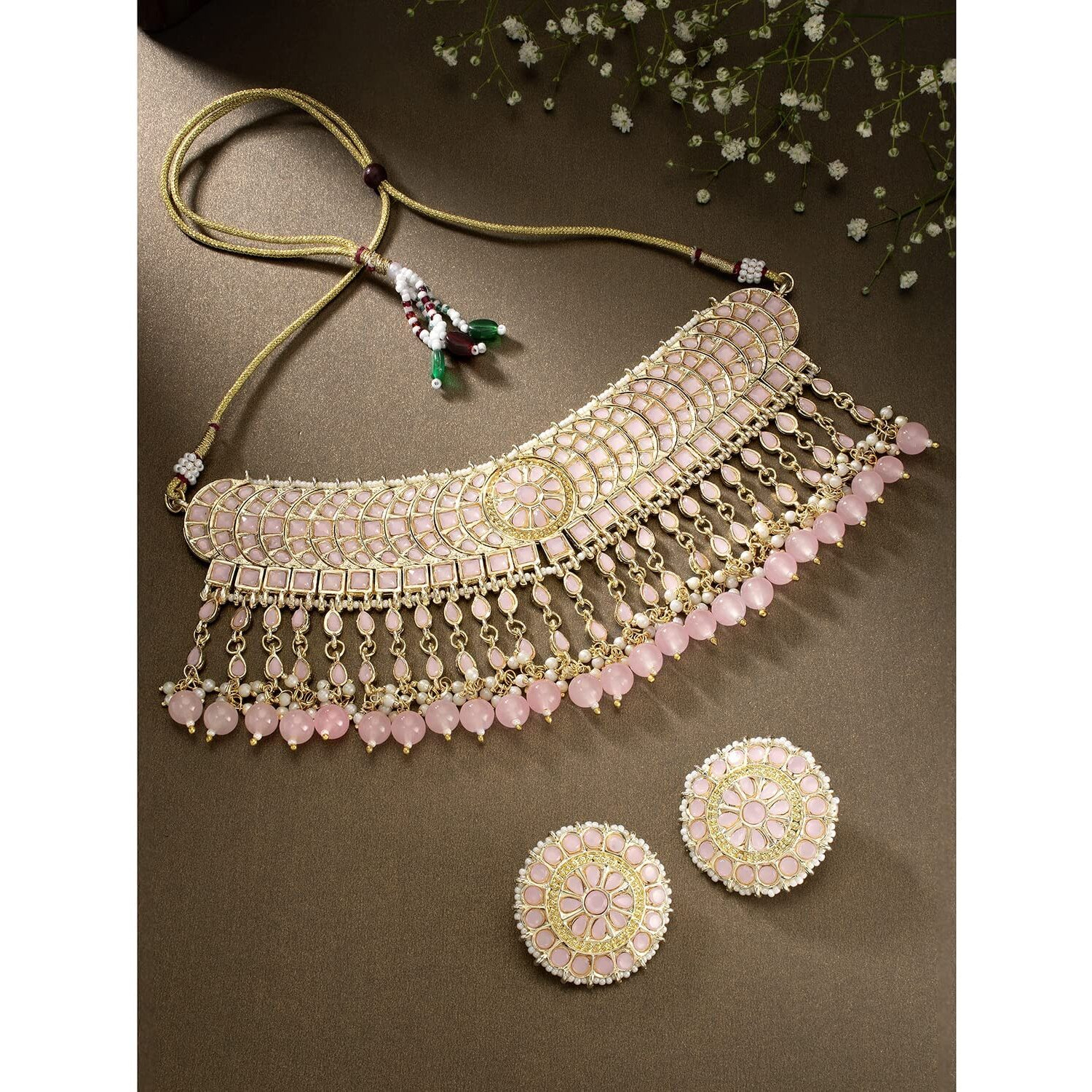 I Jewels 18K Gold Plated Traditional Kundan & Pearl Studded Choker Necklace Set For Women/Girls (K7210) (Full Pink)