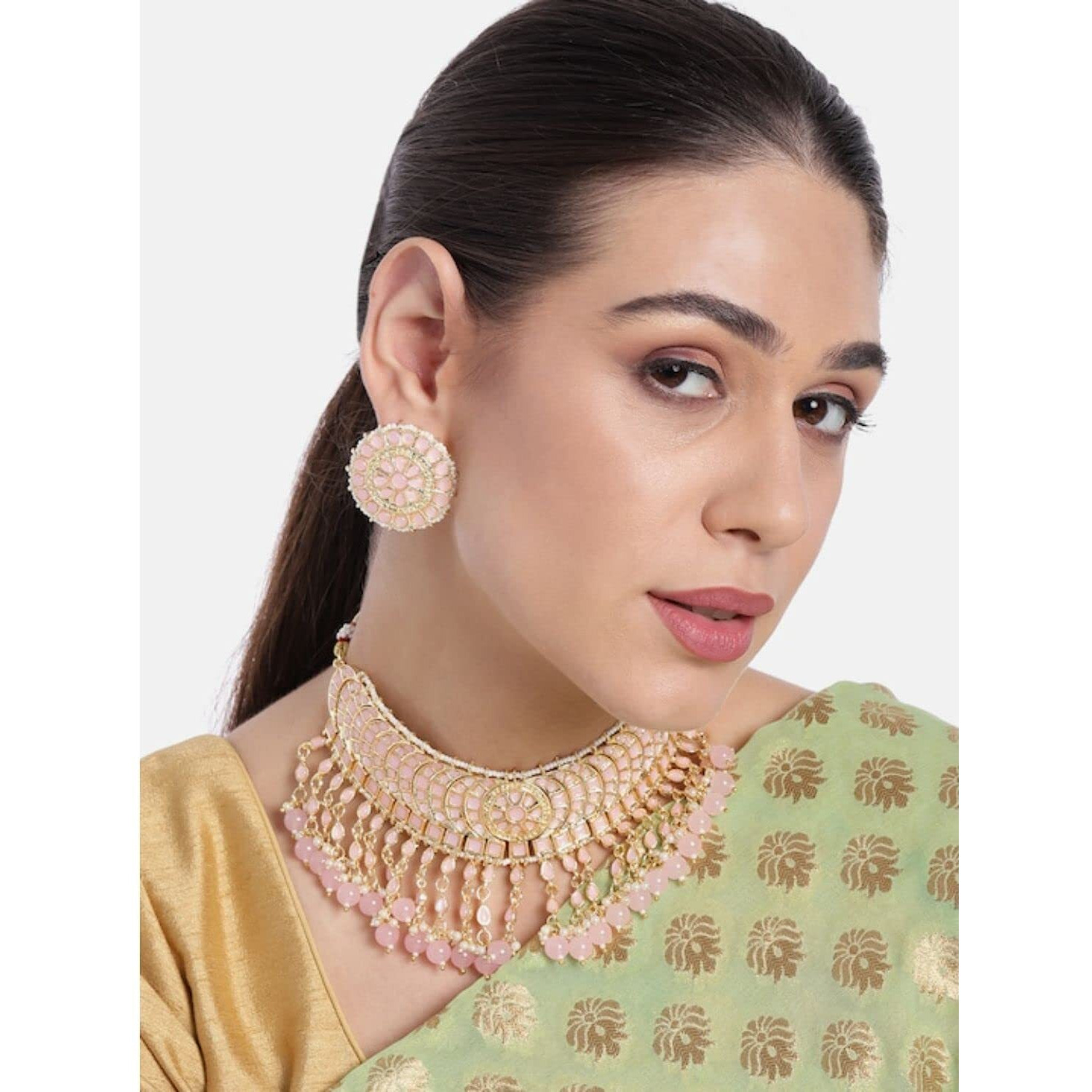 I Jewels 18K Gold Plated Traditional Kundan & Pearl Studded Choker Necklace Set For Women/Girls (K7210) (Full Pink)