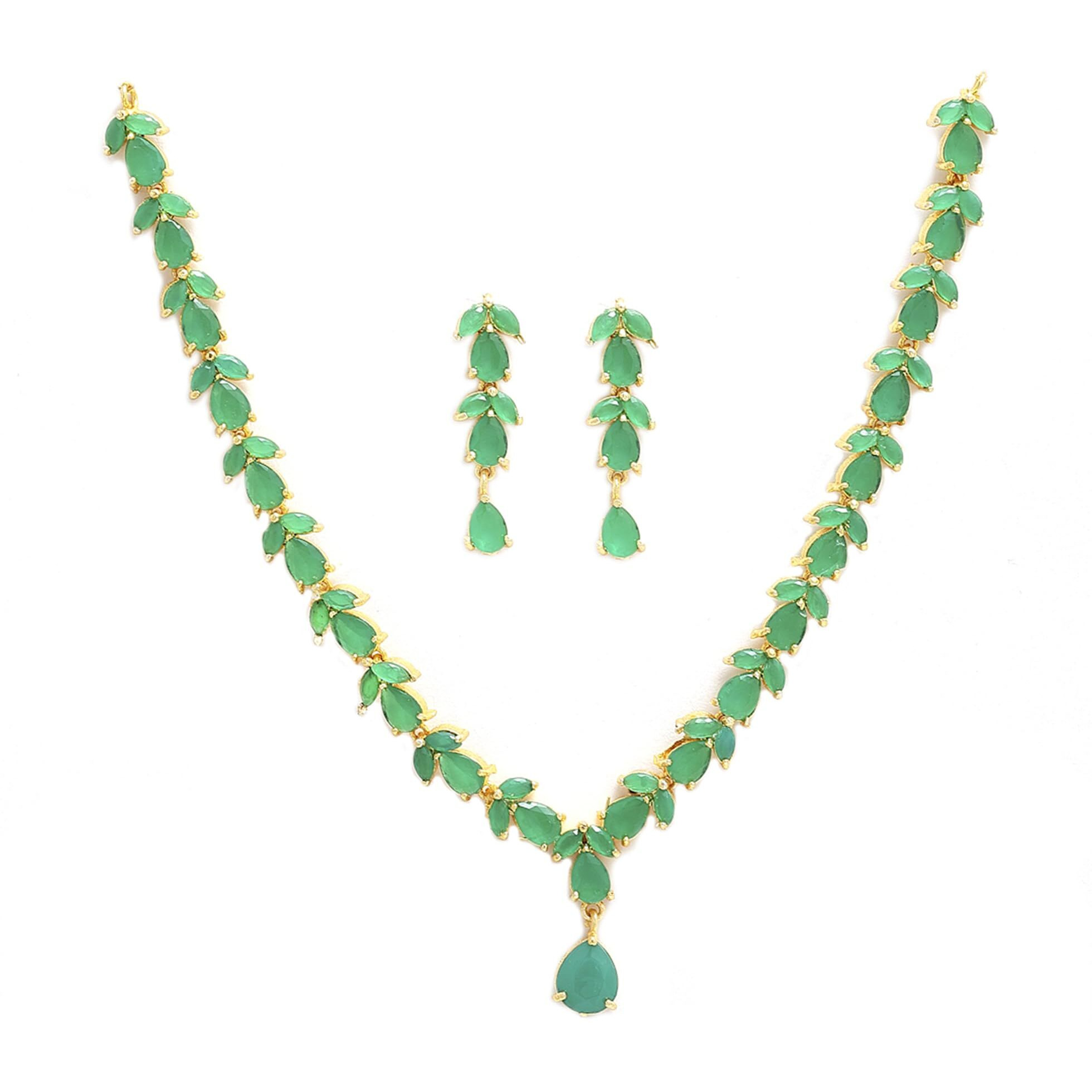 ZENEME Jewellery Set Gold Plated American Diamond Necklace Set with Earrings Jewellery for Women & Girls (Green)