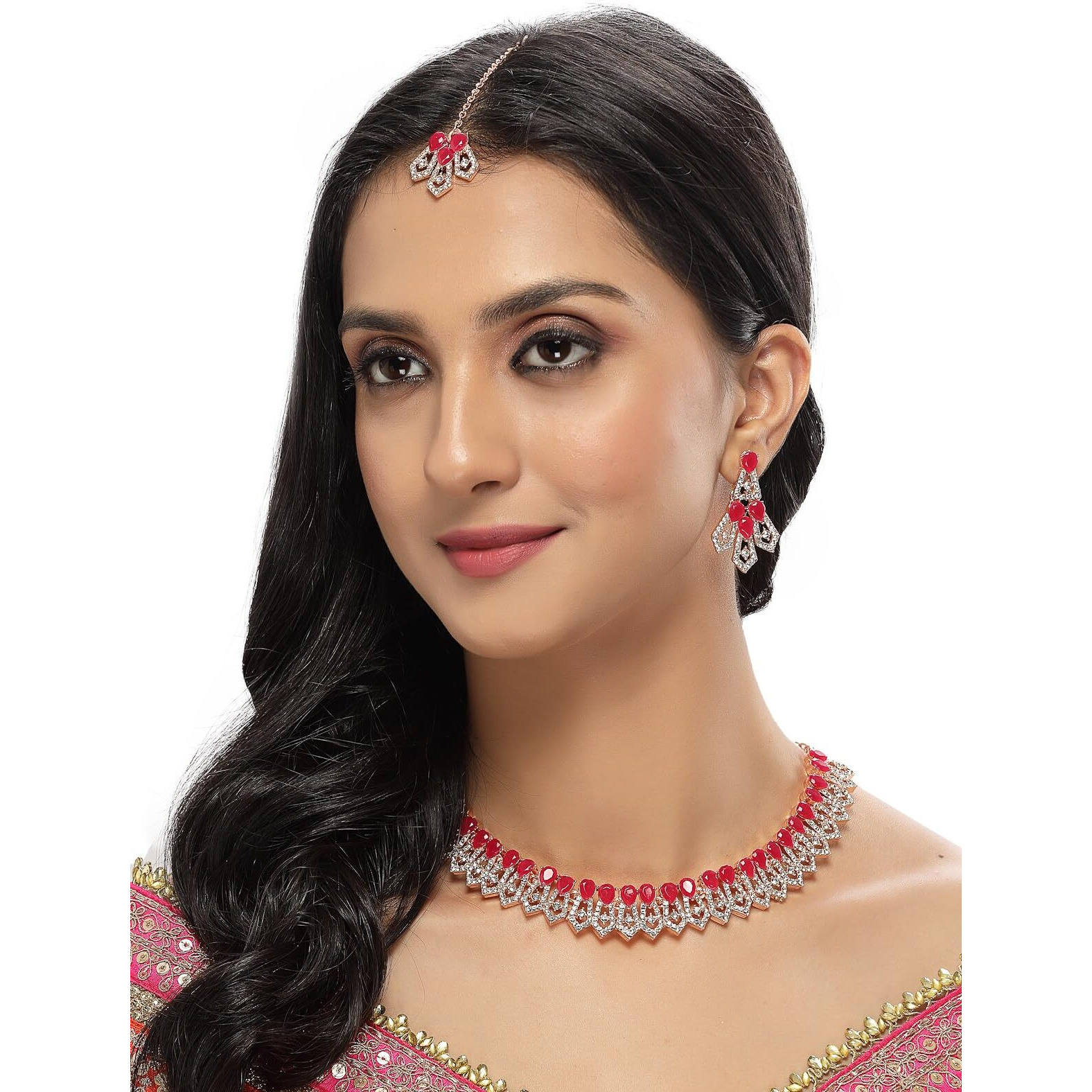 Sukkhi Admirable Fashionable AD Red Stones Collar Bone Necklace Set With Earring And Maangtika | Jewellery Set For Women (NS105675)