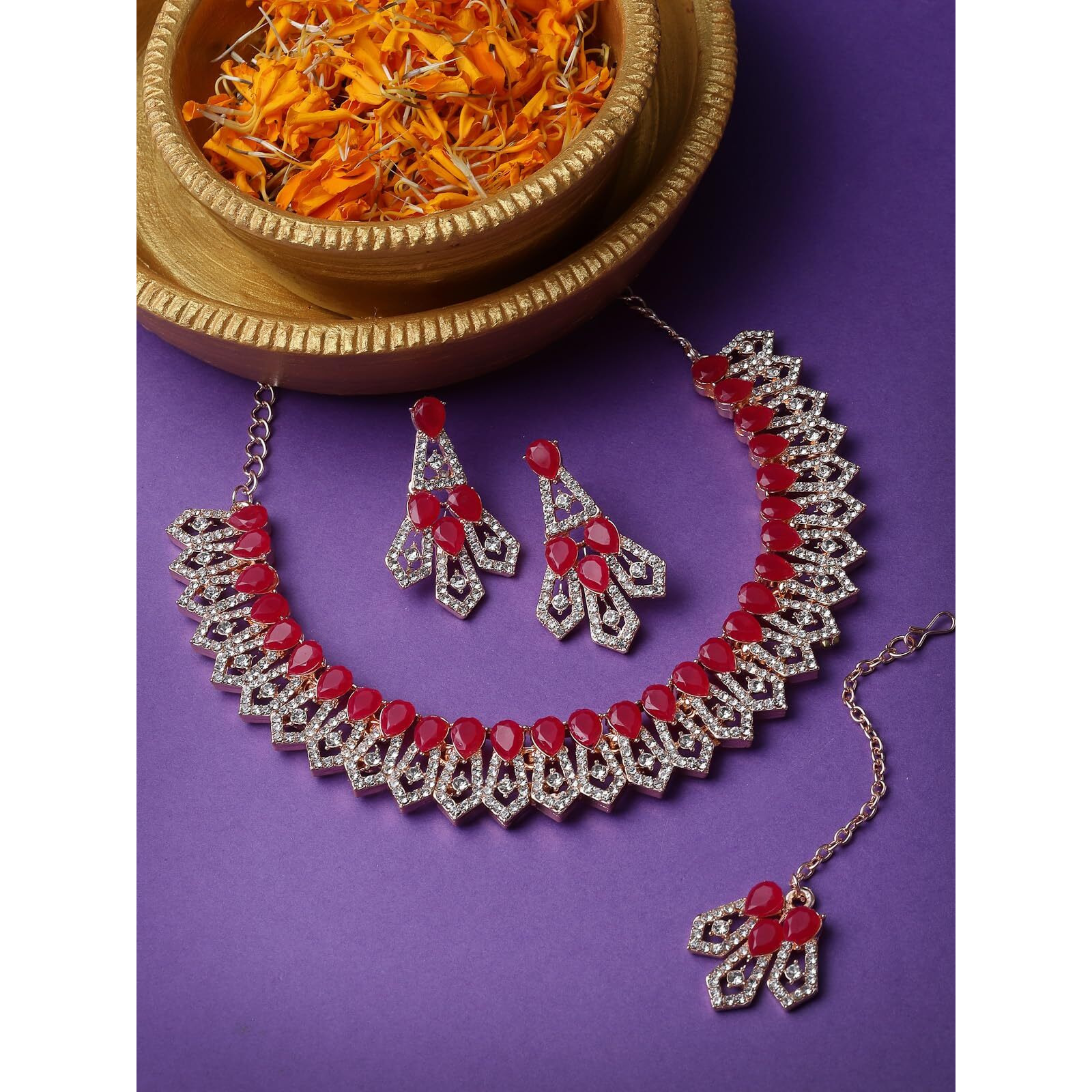 Sukkhi Admirable Fashionable AD Red Stones Collar Bone Necklace Set With Earring And Maangtika | Jewellery Set For Women (NS105675)