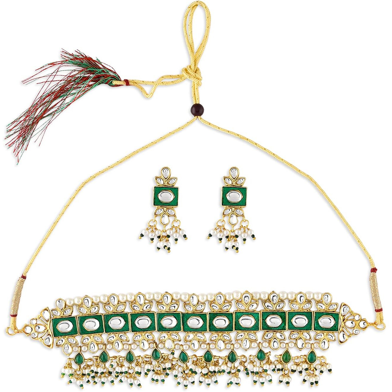 ZAVERI PEARLS Green Meenakari Kundan Choker Necklace & Earring Set For Women-ZPFK10829