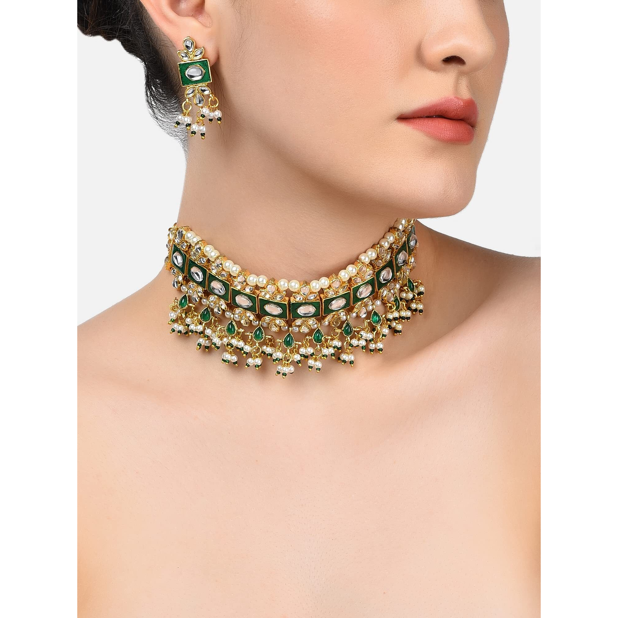 ZAVERI PEARLS Green Meenakari Kundan Choker Necklace & Earring Set For Women-ZPFK10829