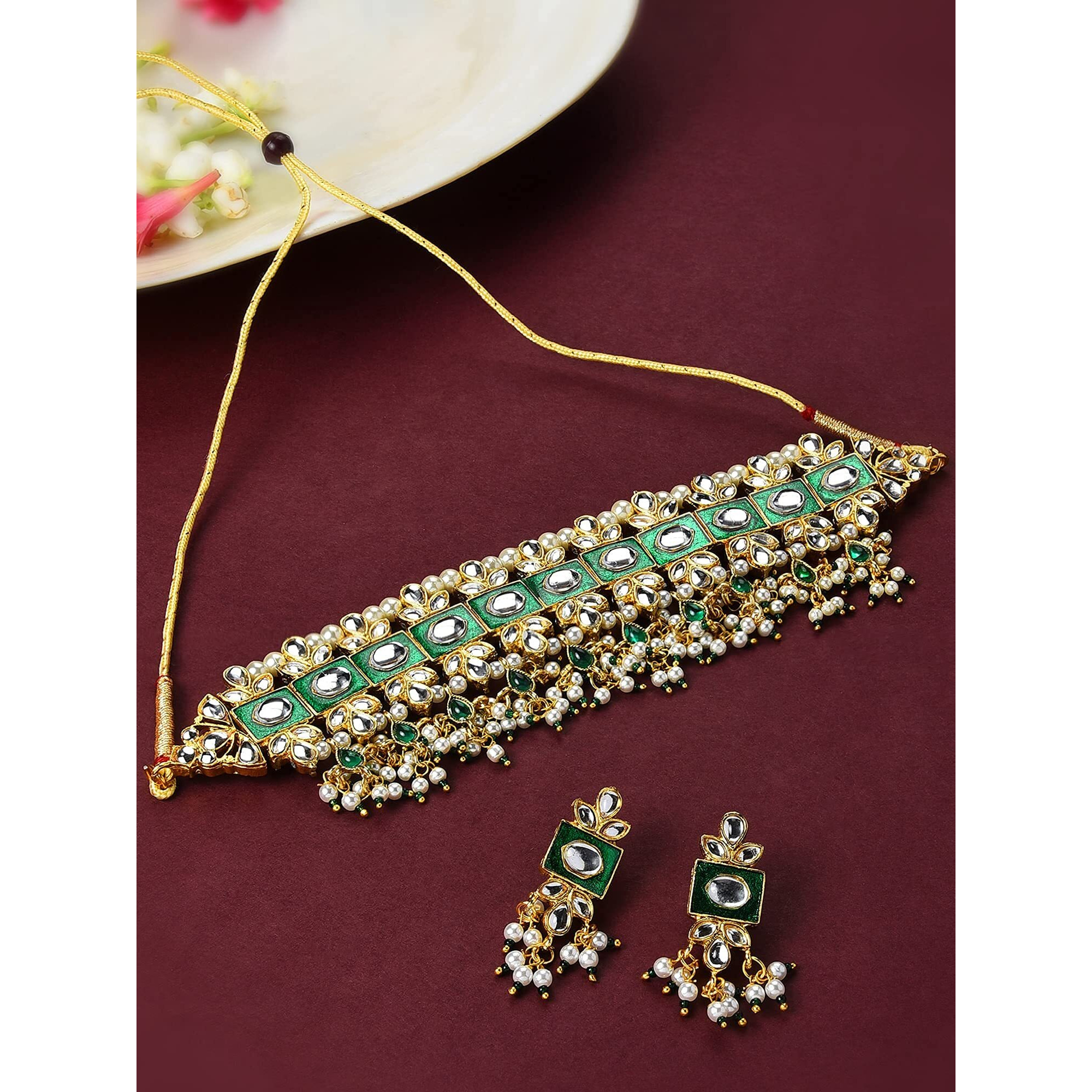 ZAVERI PEARLS Green Meenakari Kundan Choker Necklace & Earring Set For Women-ZPFK10829