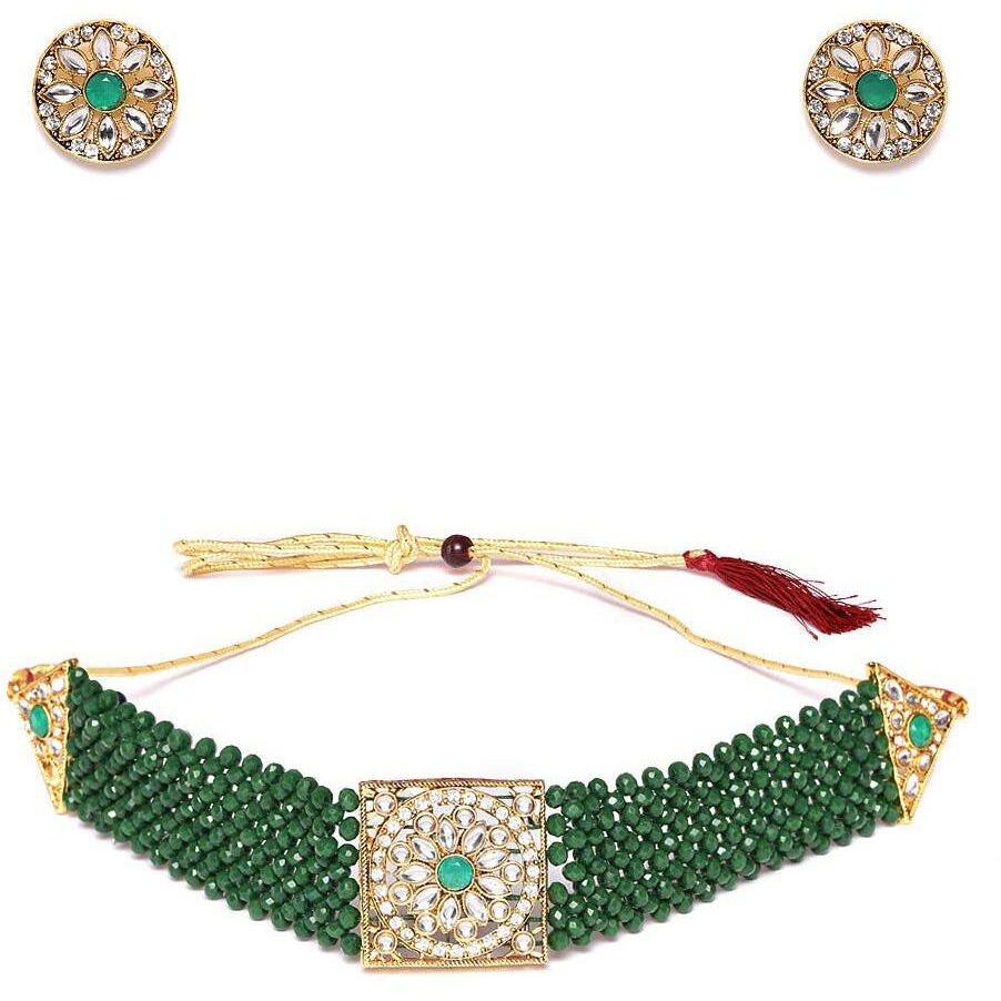 ZAVERI PEARLS Green Crystal Beads & Kundan Choker Necklace & Earring Set For Women-ZPFK9562