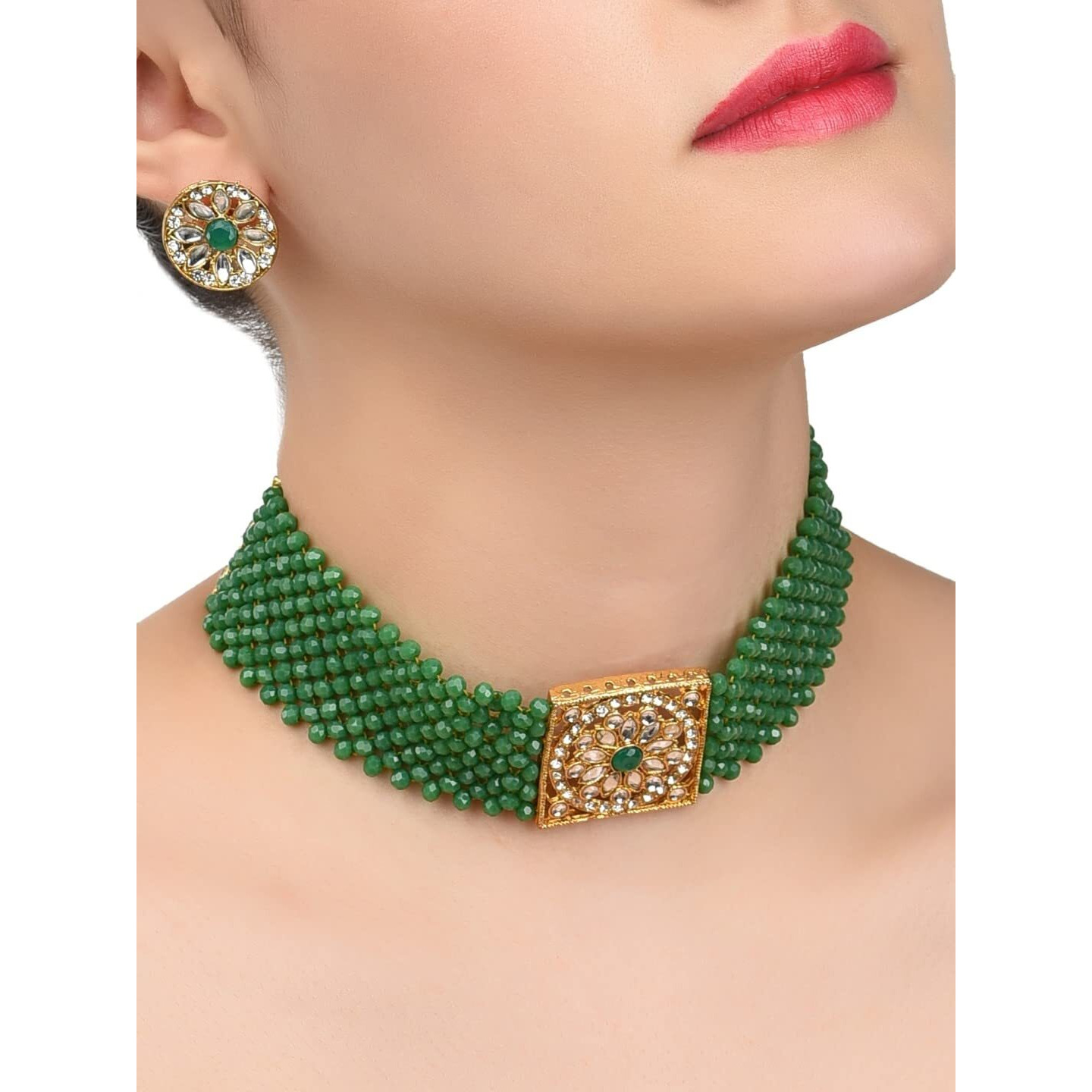 ZAVERI PEARLS Green Crystal Beads & Kundan Choker Necklace & Earring Set For Women-ZPFK9562