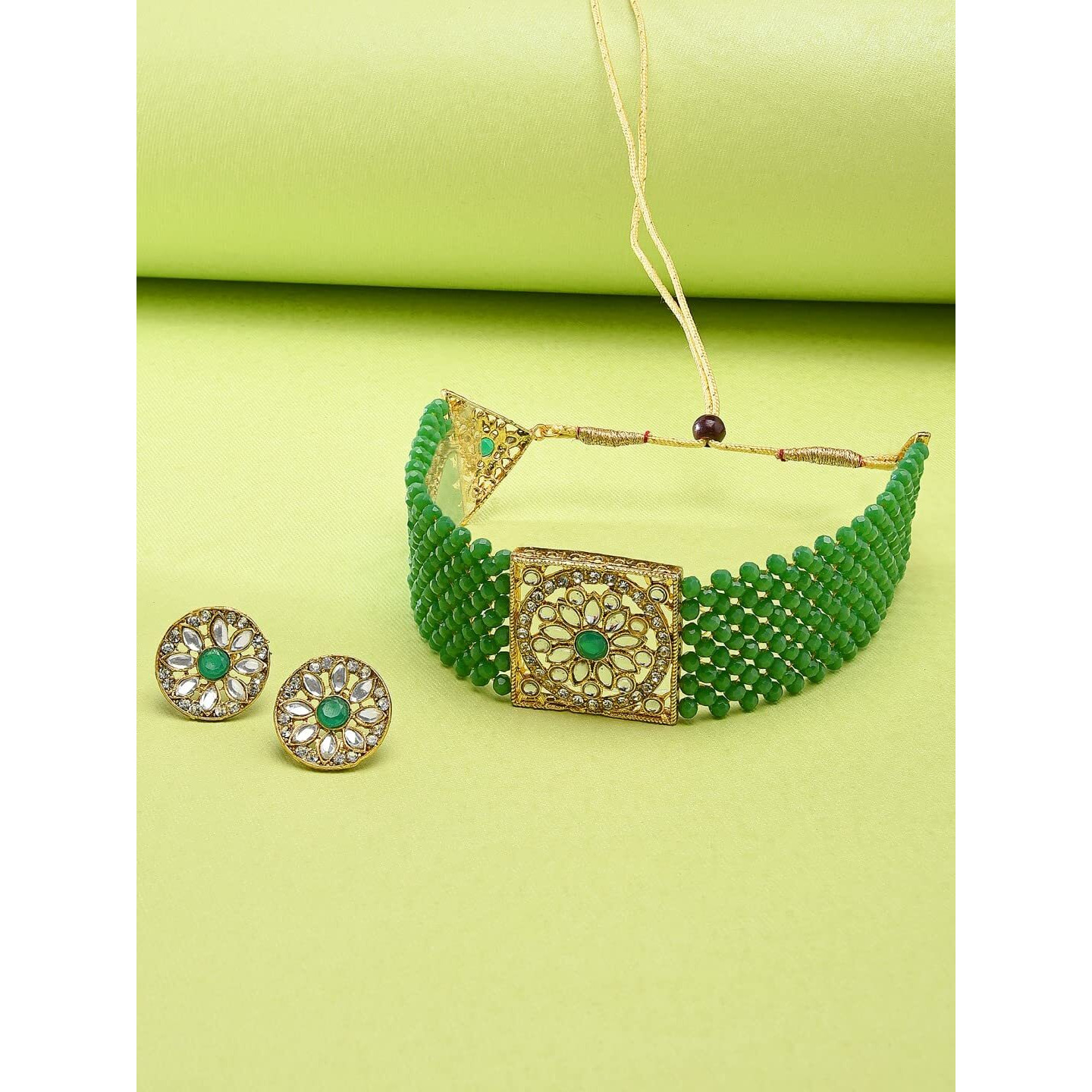 ZAVERI PEARLS Green Crystal Beads & Kundan Choker Necklace & Earring Set For Women-ZPFK9562
